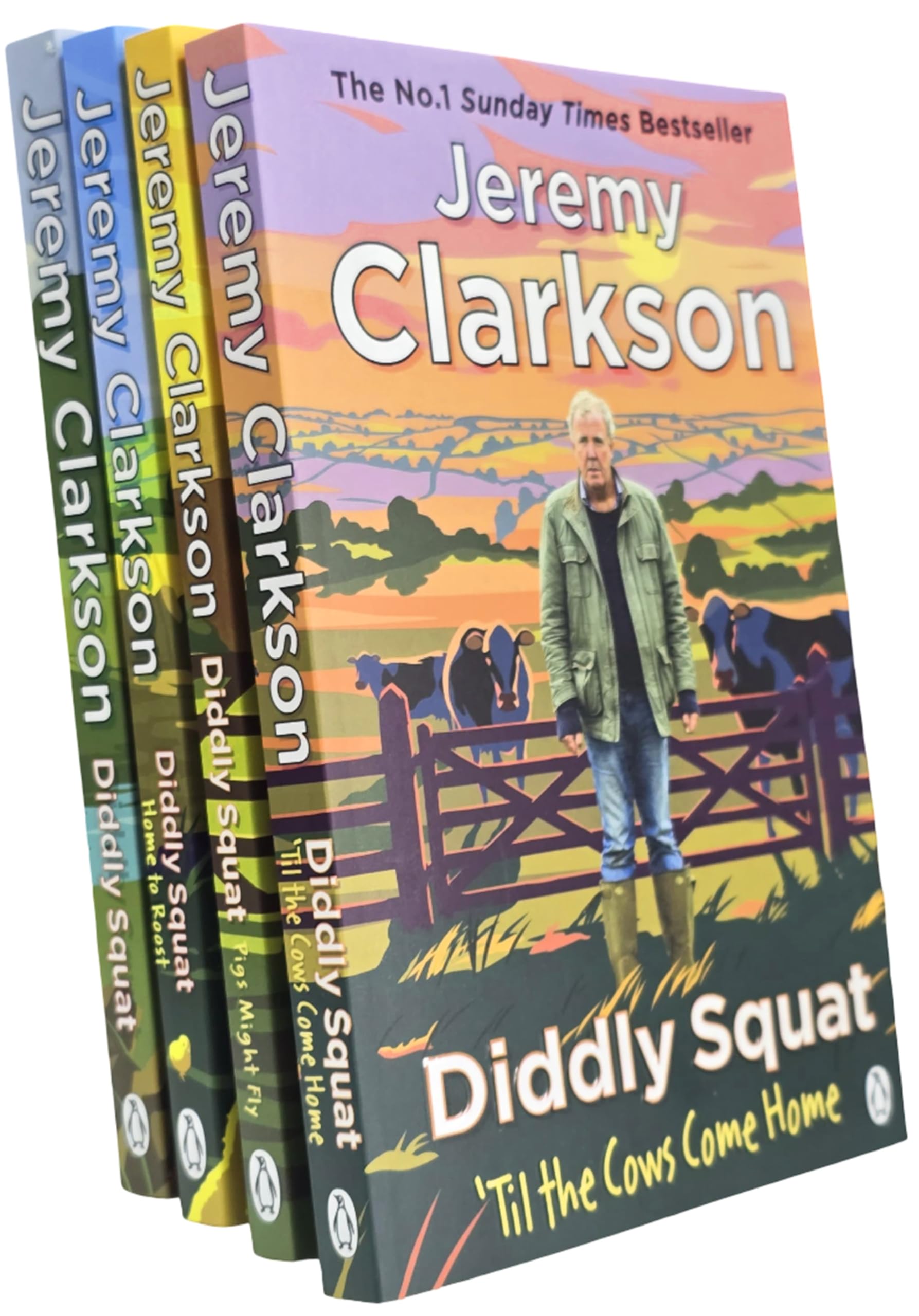 Set of four Jeremy Clarkson Diddly Squat non-fiction paperback books by Penguin Ltd, featuring colorful covers and titles.