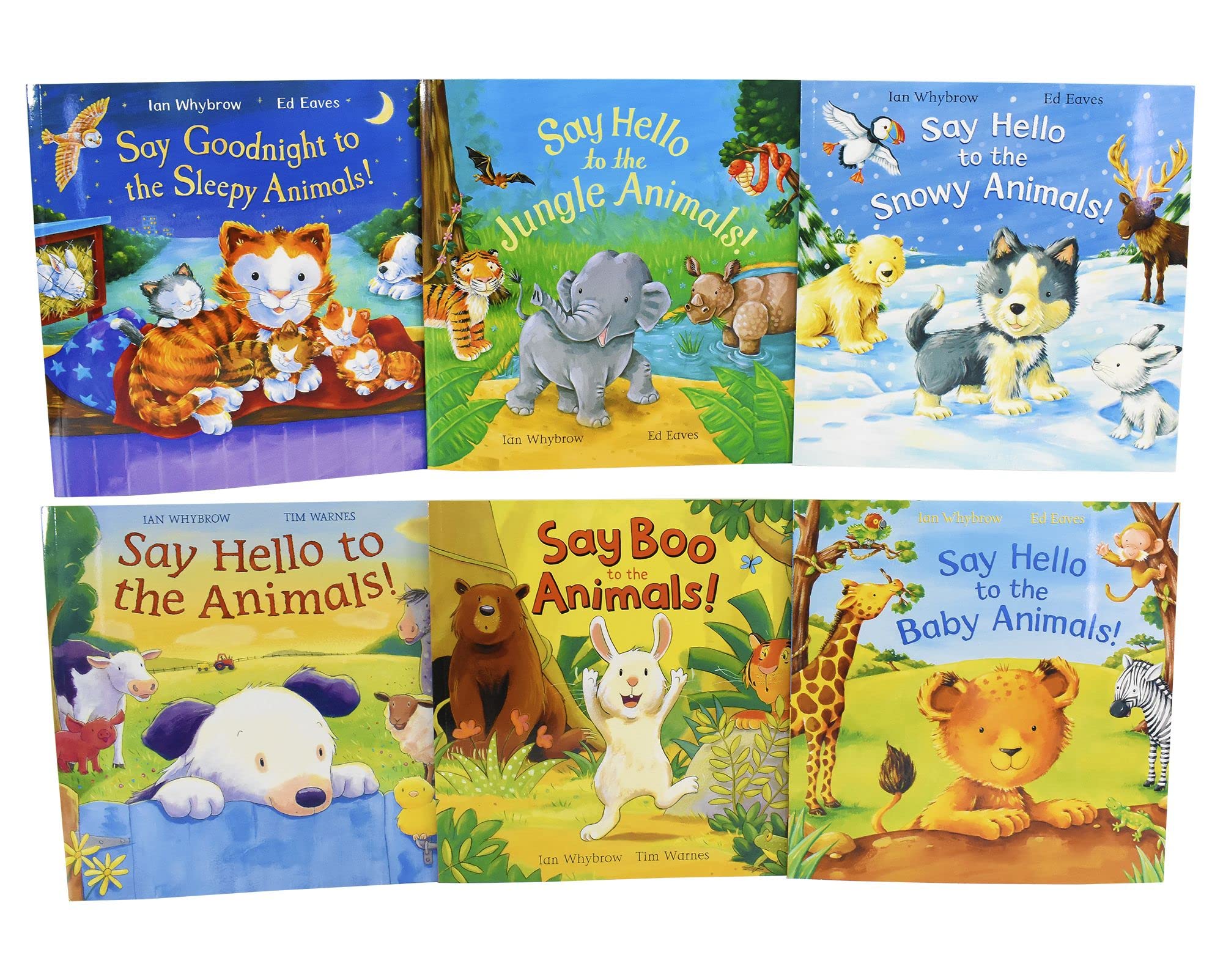 Six paperback books from Ian Whybrow's "Say Hello to the Animals" collection for ages 3–7 displayed together.
