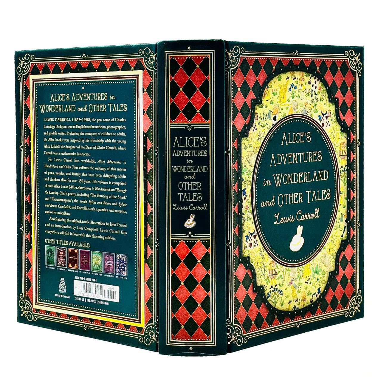 Hardback edition of "Alice's Adventures in Wonderland" by Lewis Carroll, featuring whimsical cover art and classic tales.