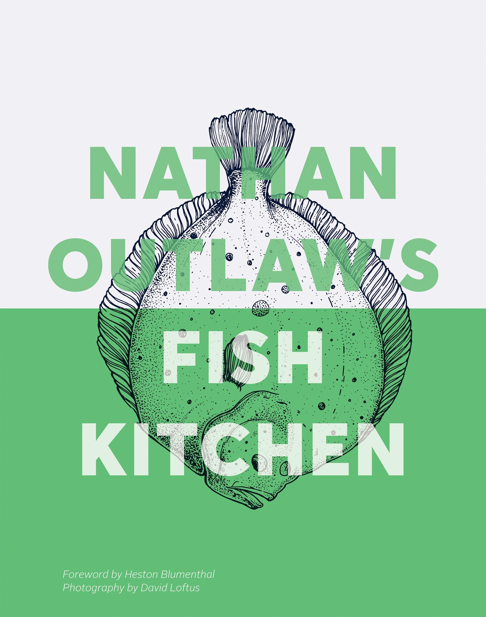 Hardback book cover of Nathan Outlaw's Fish Kitchen featuring vibrant seafood dishes and the author Nathan Outlaw.