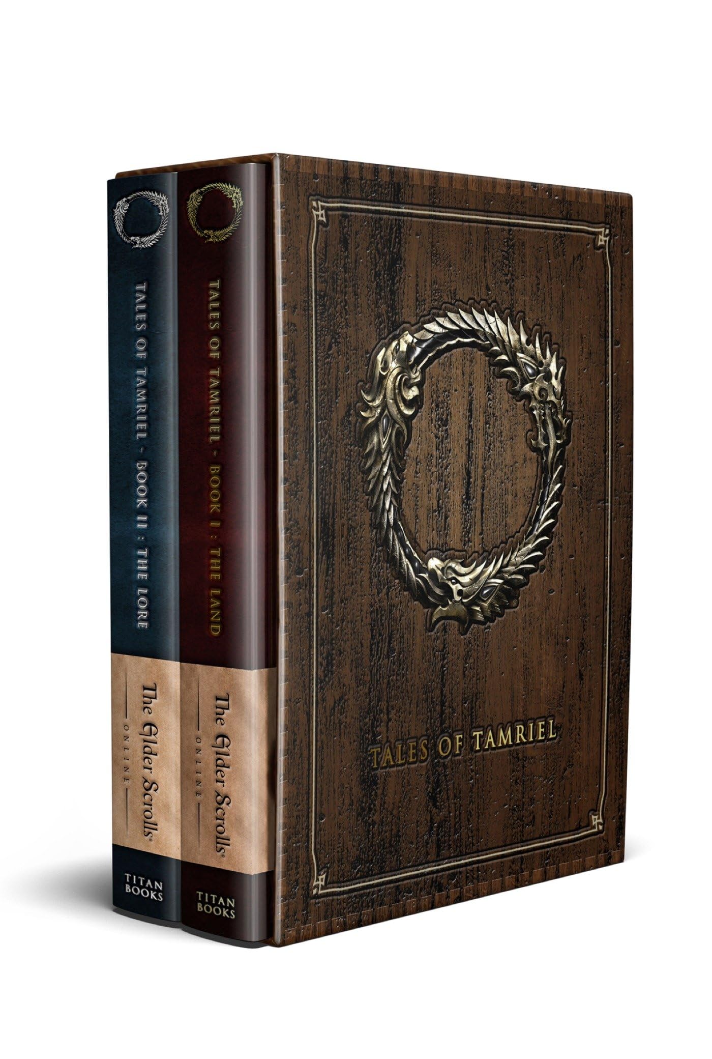 Tales of Tamriel hardback box set by Bethesda Softworks, featuring two non-fiction books with detailed fantasy artwork.