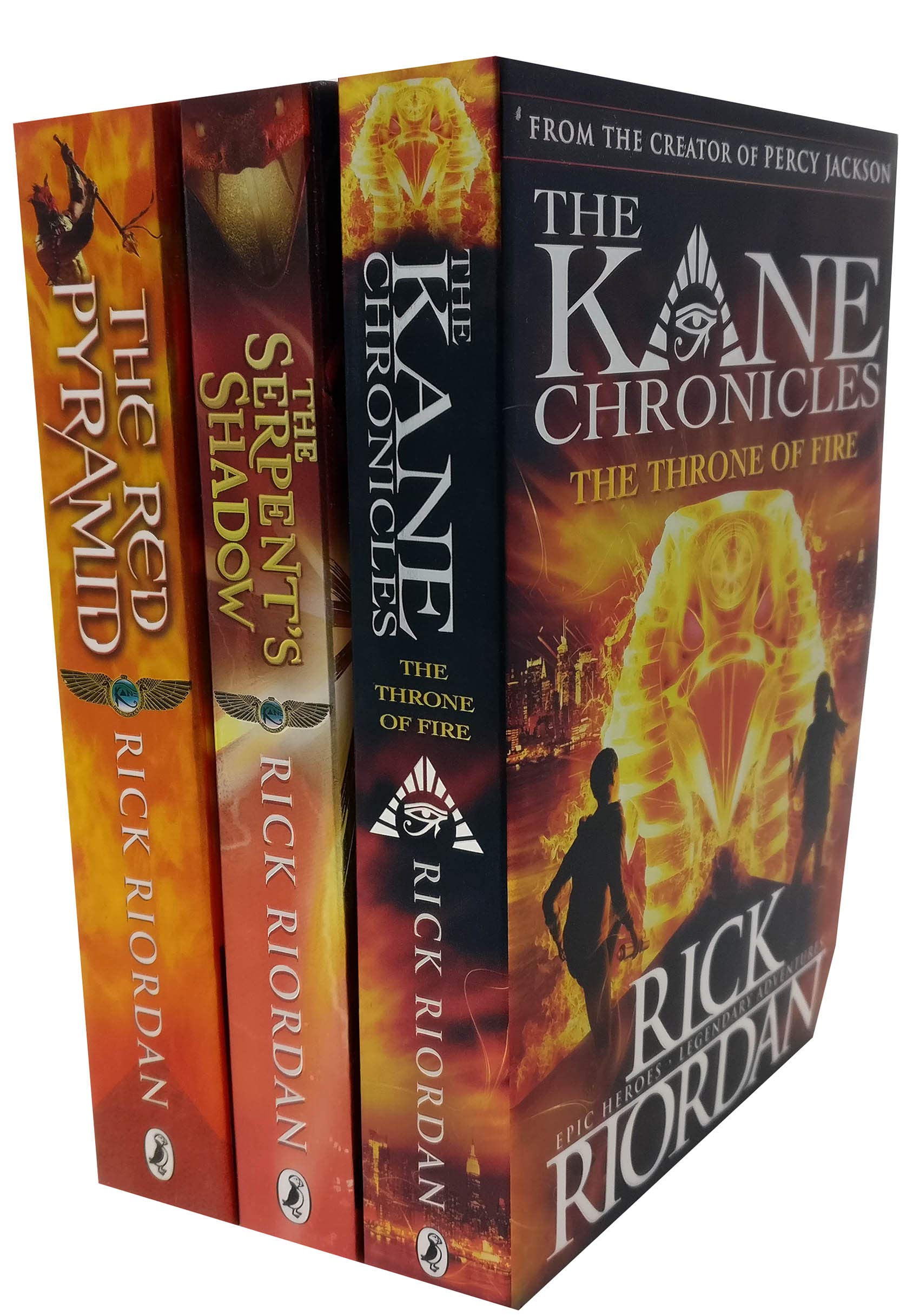 Set of three paperback books from Rick Riordan's The Kane Chronicles collection, featuring vibrant cover art.