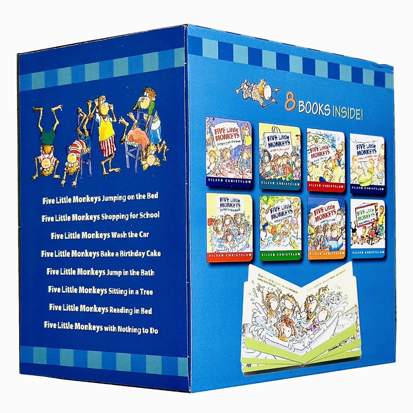 Eight board books from the Five Little Monkeys Adventures collection by Eileen Christelow for ages 3–7.