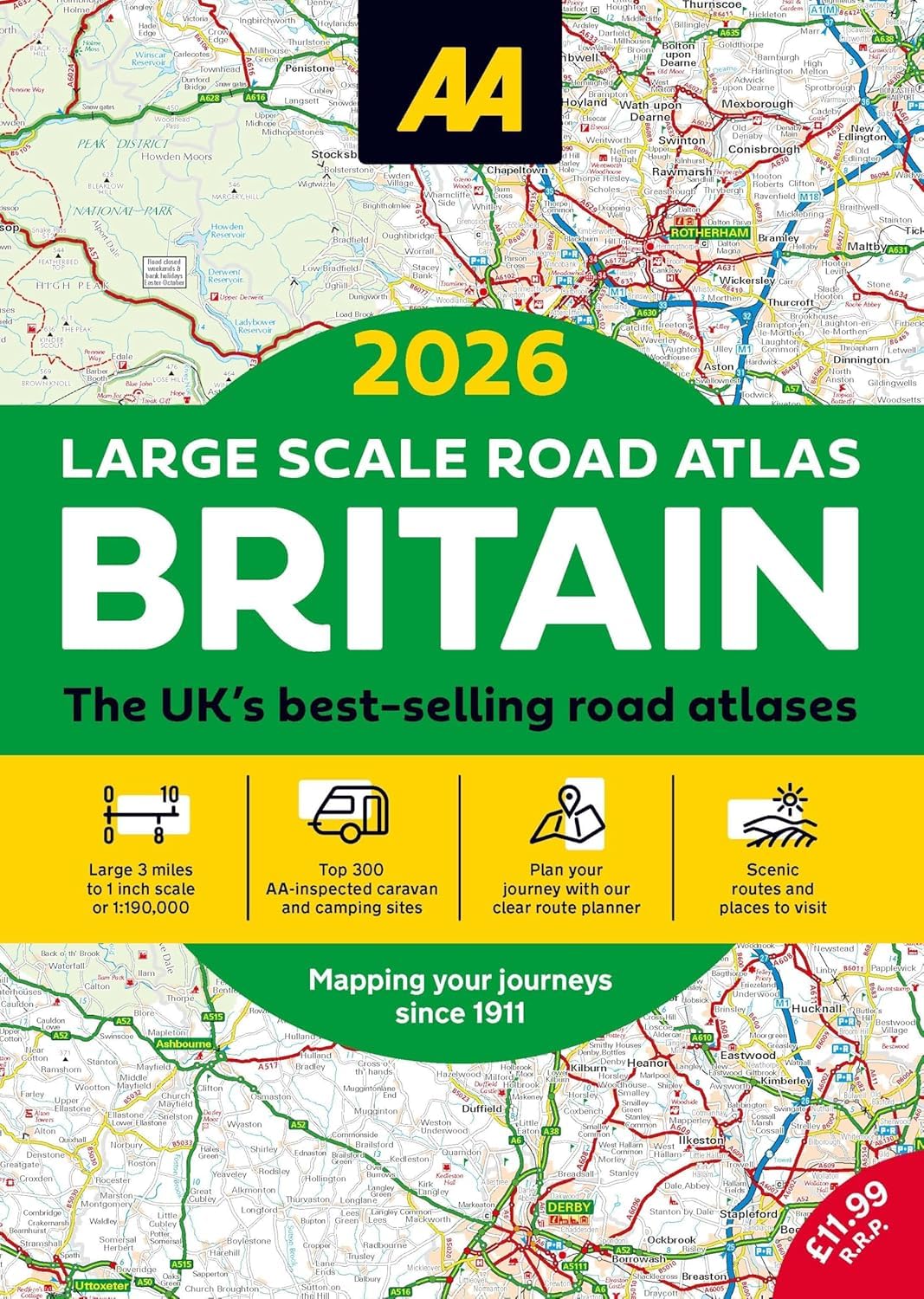 Large Scale Road Atlas of Britain, 2026 edition, by AA Publishing, featuring detailed maps in a paperback format.