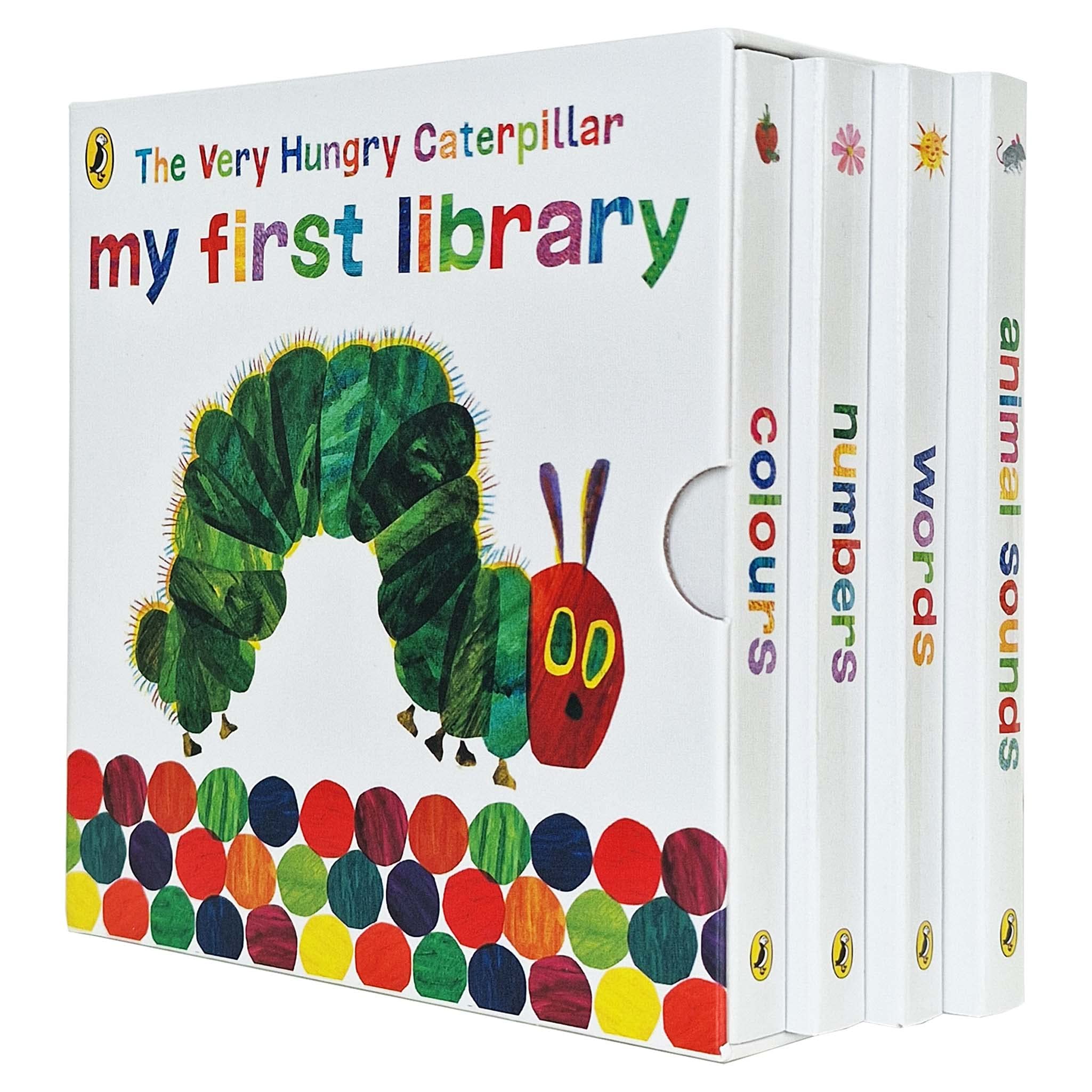 Eric Carle Caterpillar Library 4 board books set for ages 0-5, featuring colorful illustrations and sturdy pages.