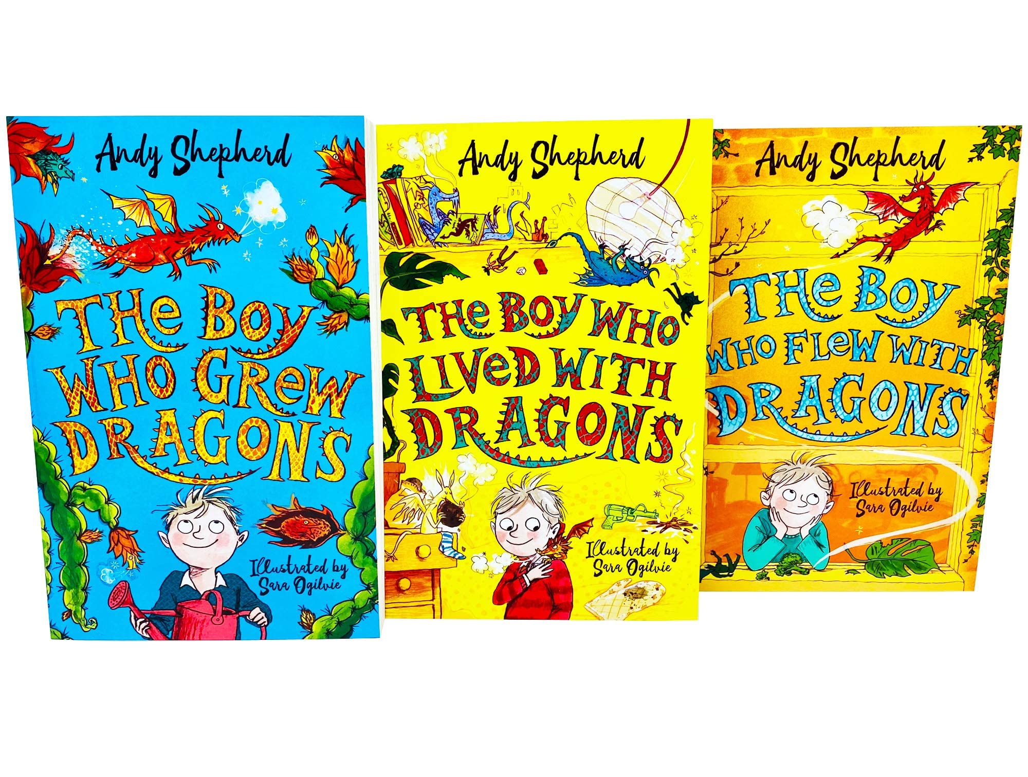 Three paperback books from the "Boy Who Grew Dragons" collection by Andy Shepherd for ages 7–9, published by Piccadilly Press.
