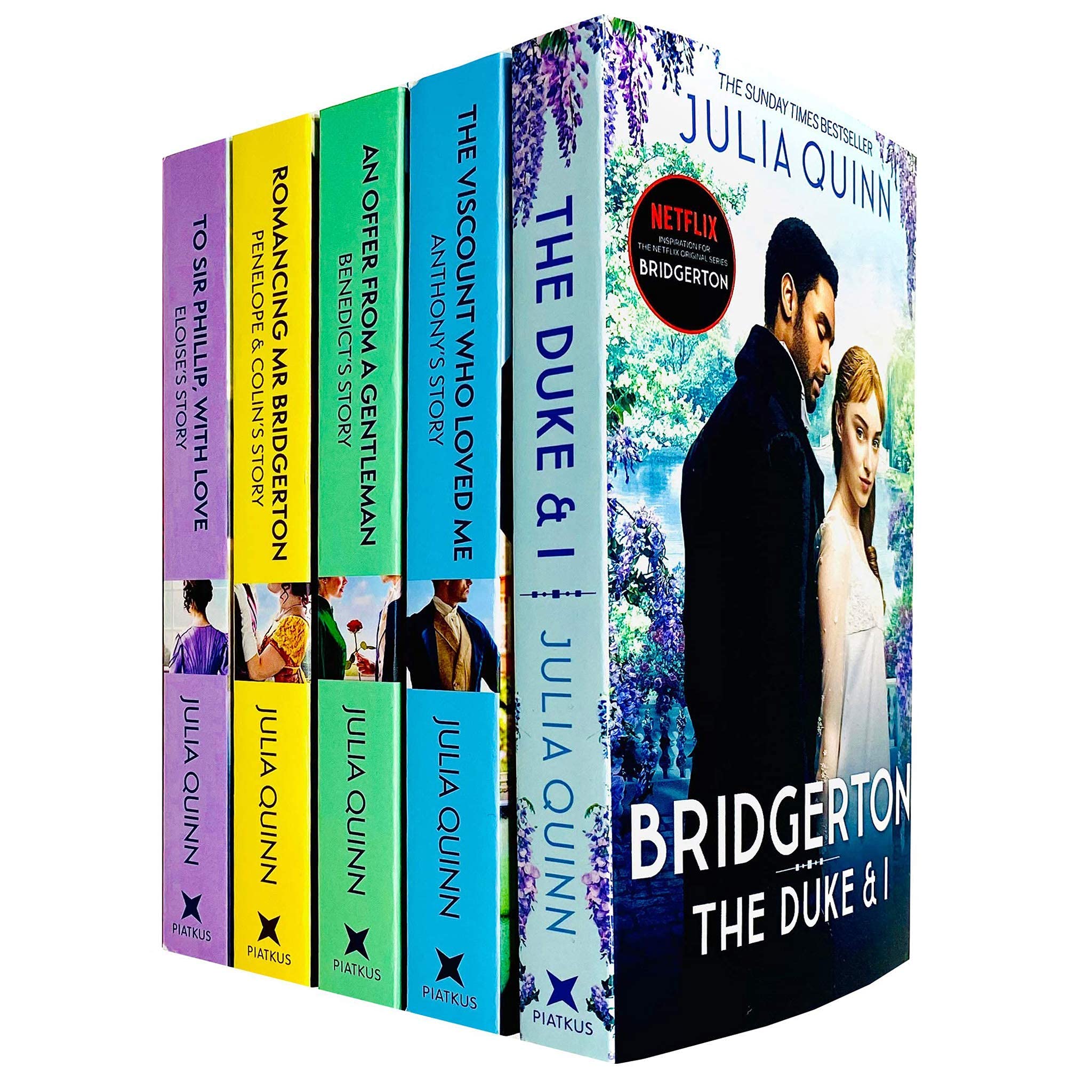 Set of five Bridgerton Series books by Julia Quinn in paperback, featuring colorful covers and classic romance themes.