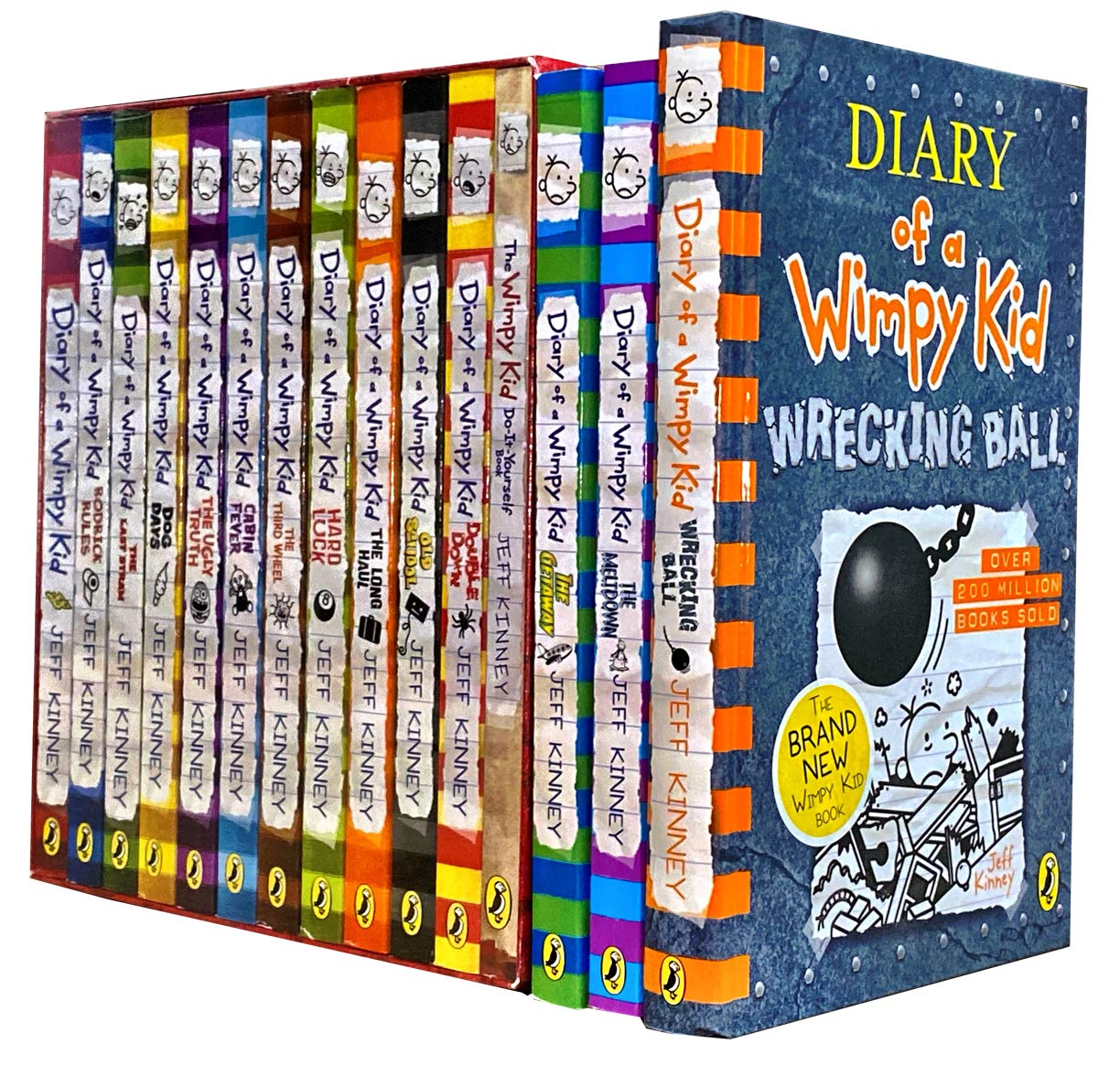 Diary of a Wimpy Kid 15 book collection set for ages 9-12 in paperback by Jeff Kinney, featuring colorful covers.
