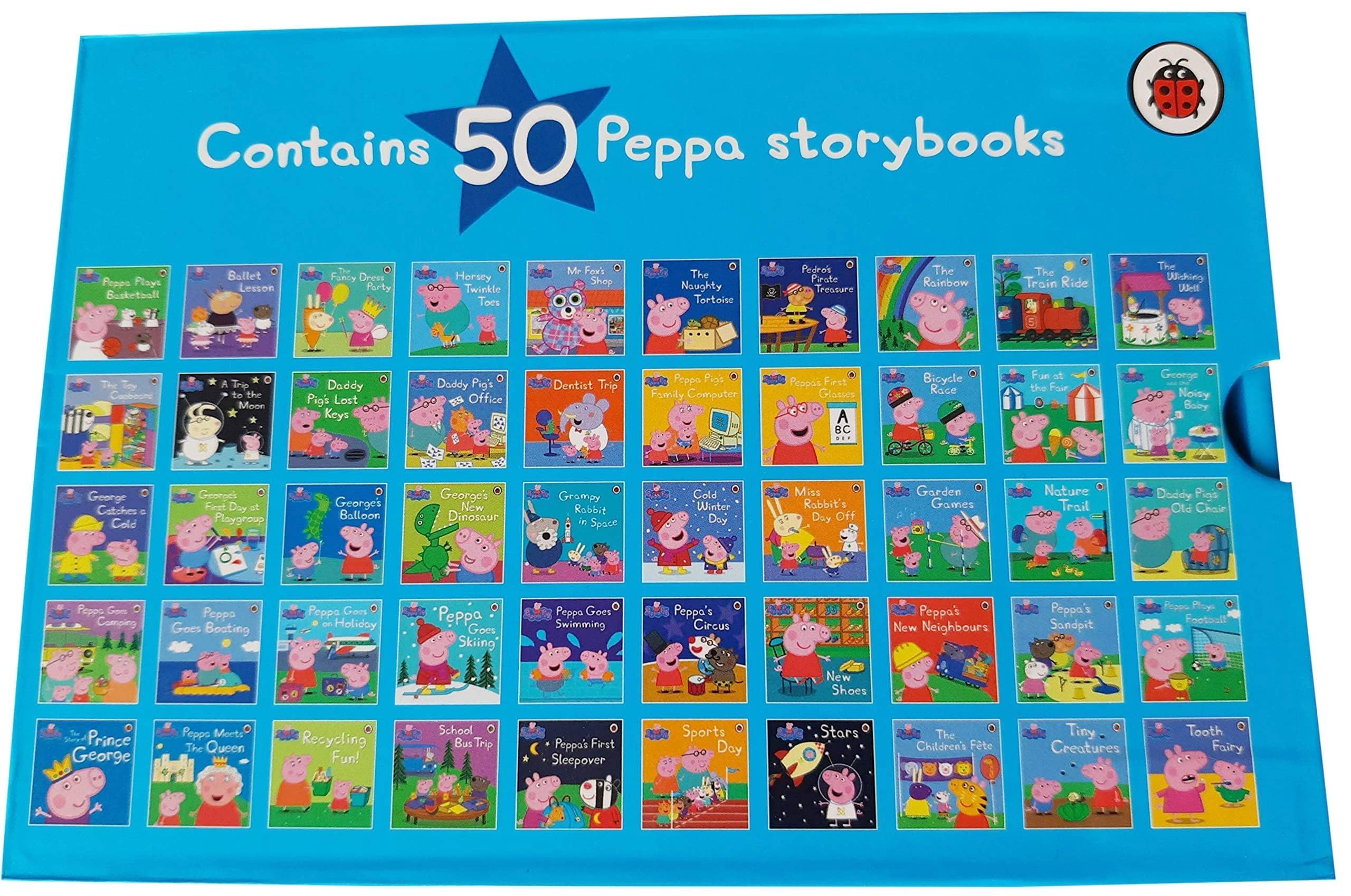Peppa Pig Collection by Ladybird, 50 hardback books for ages 3–7, featuring colorful covers and engaging illustrations.
