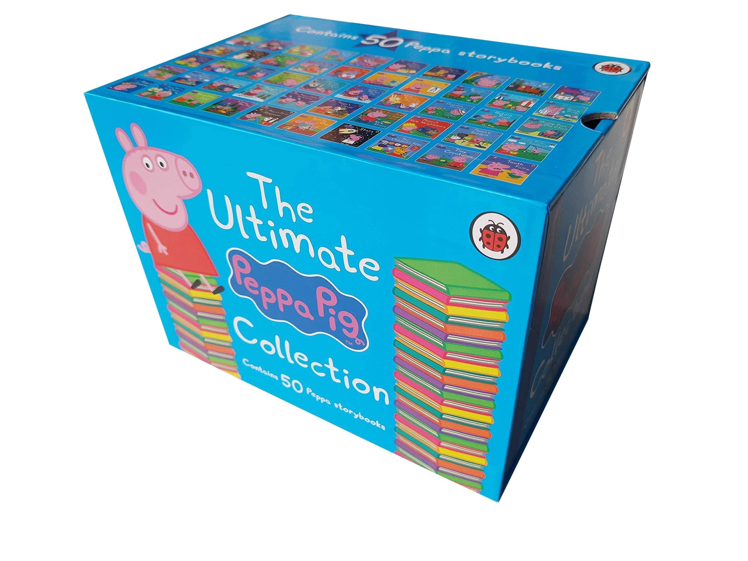 Peppa Pig collection of 50 hardback books for ages 3-7 featuring colorful illustrations and beloved characters.