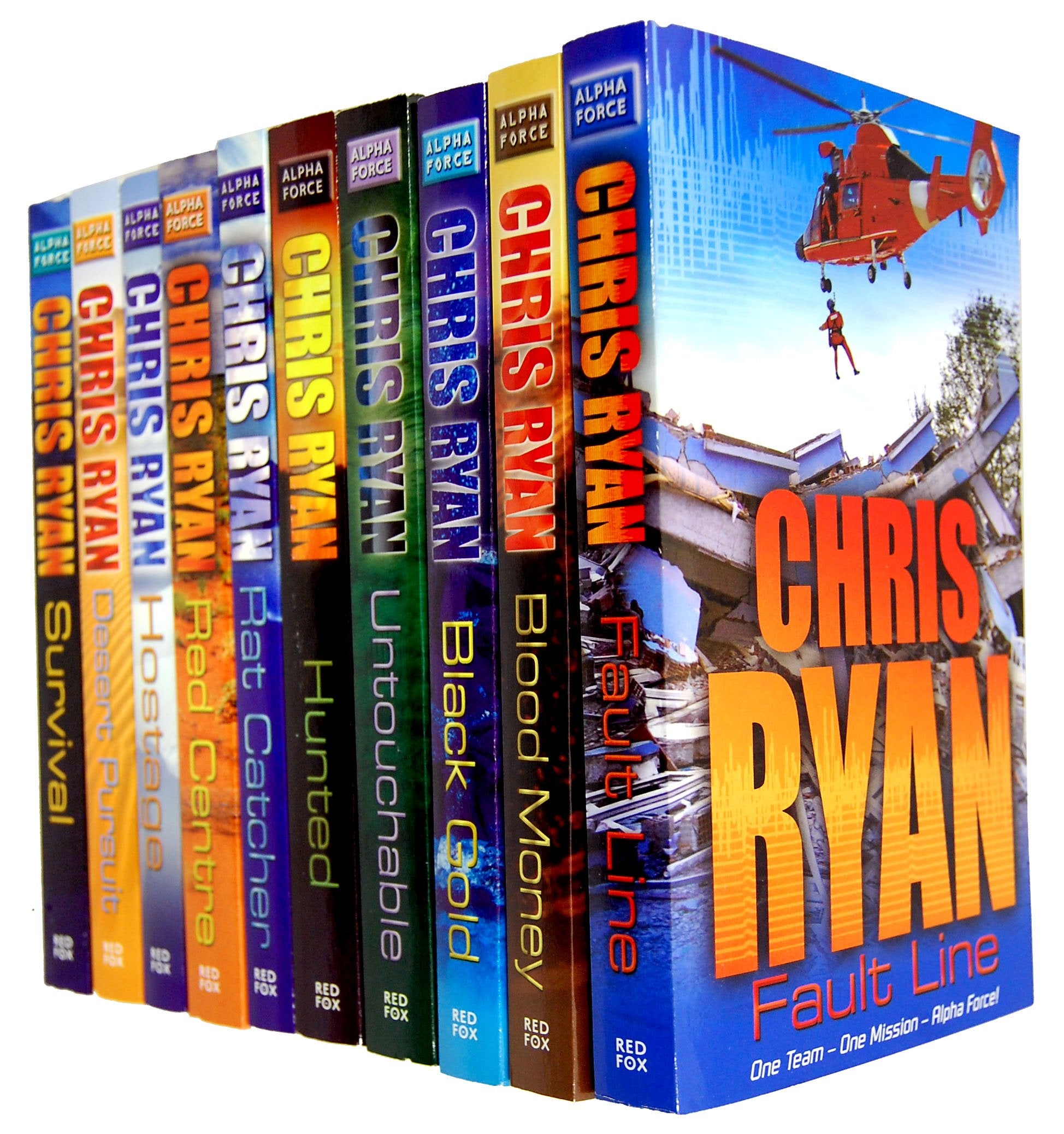Alpha Force by Chris Ryan 10 paperback books collection set displayed with vibrant covers and engaging titles in a stacked arrangement.
