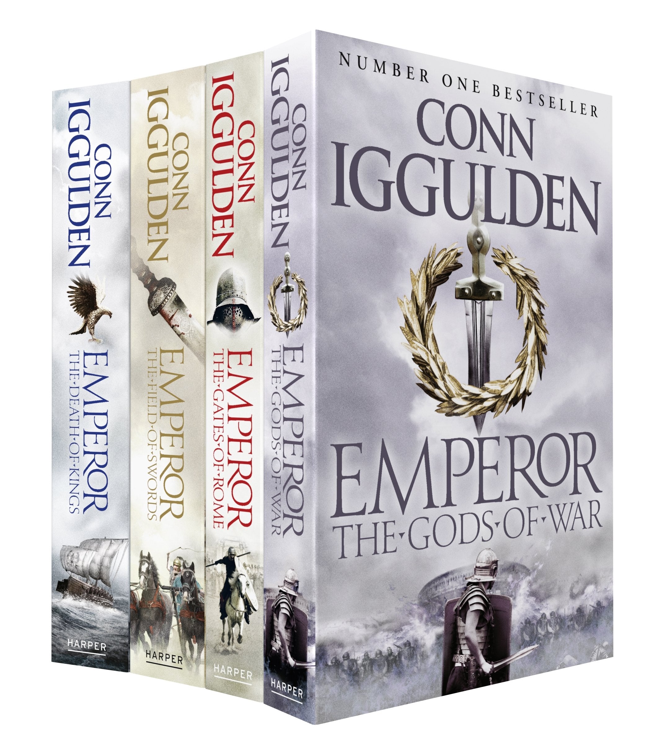 Emperor Series by Conn Iggulden, 4 paperback books set, featuring historical fiction covers and vibrant artwork.