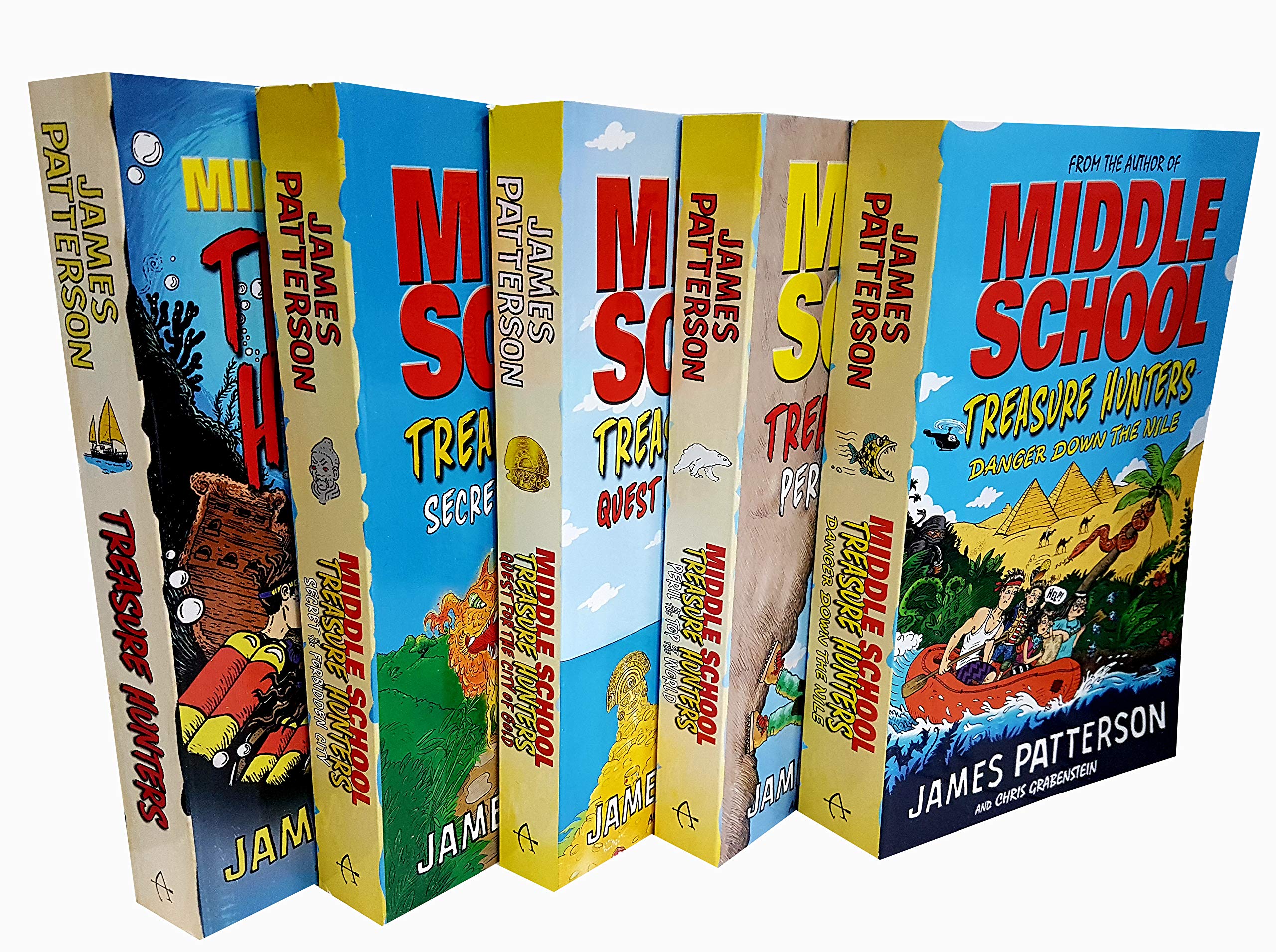 Middle School Treasure Hunters 5 Books Collection by James Patterson in paperback, showcasing colorful covers and titles.