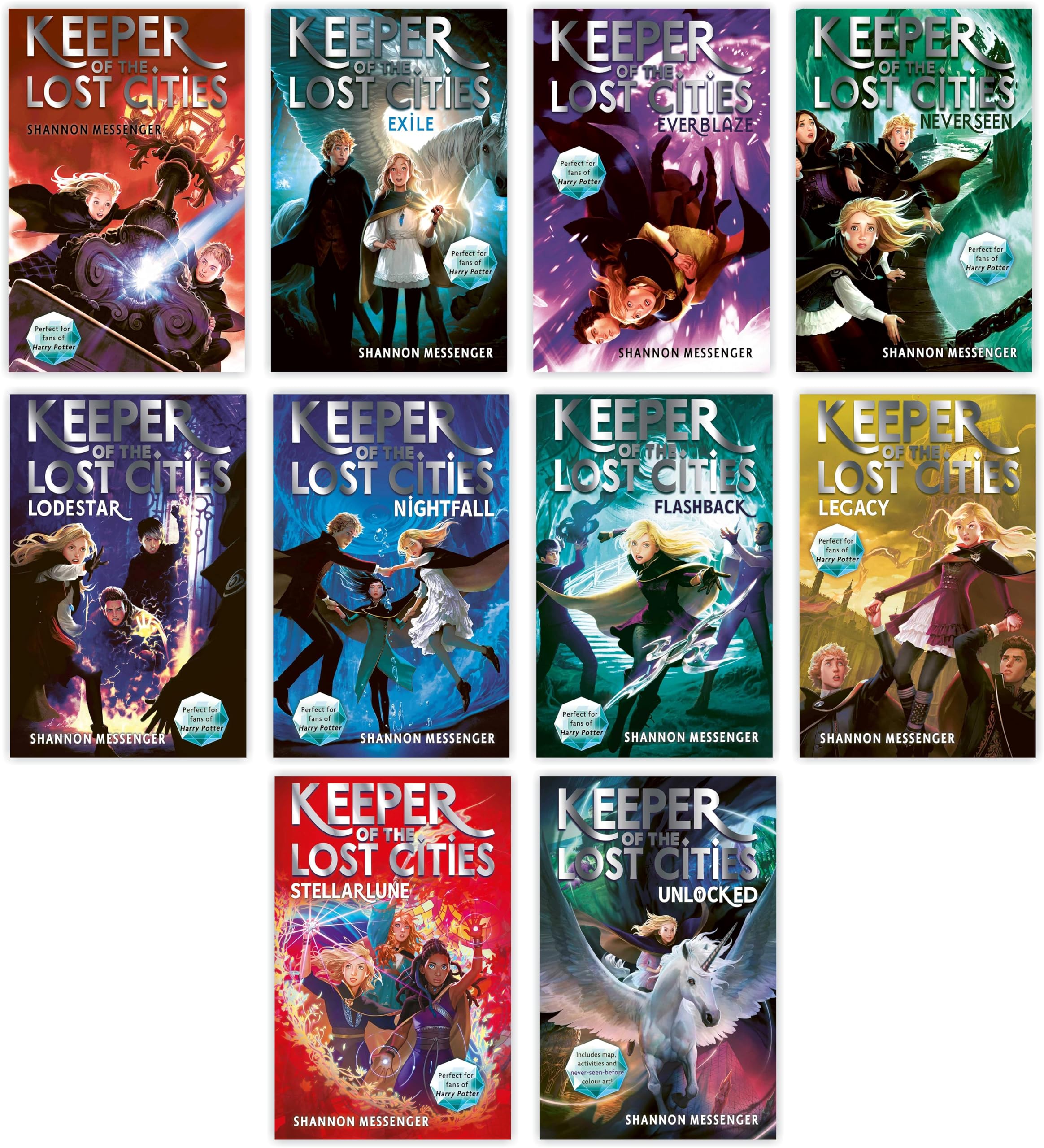 Set of 10 paperback books from the Keeper of the Lost Cities series by Shannon Messenger, young adult fantasy collection.