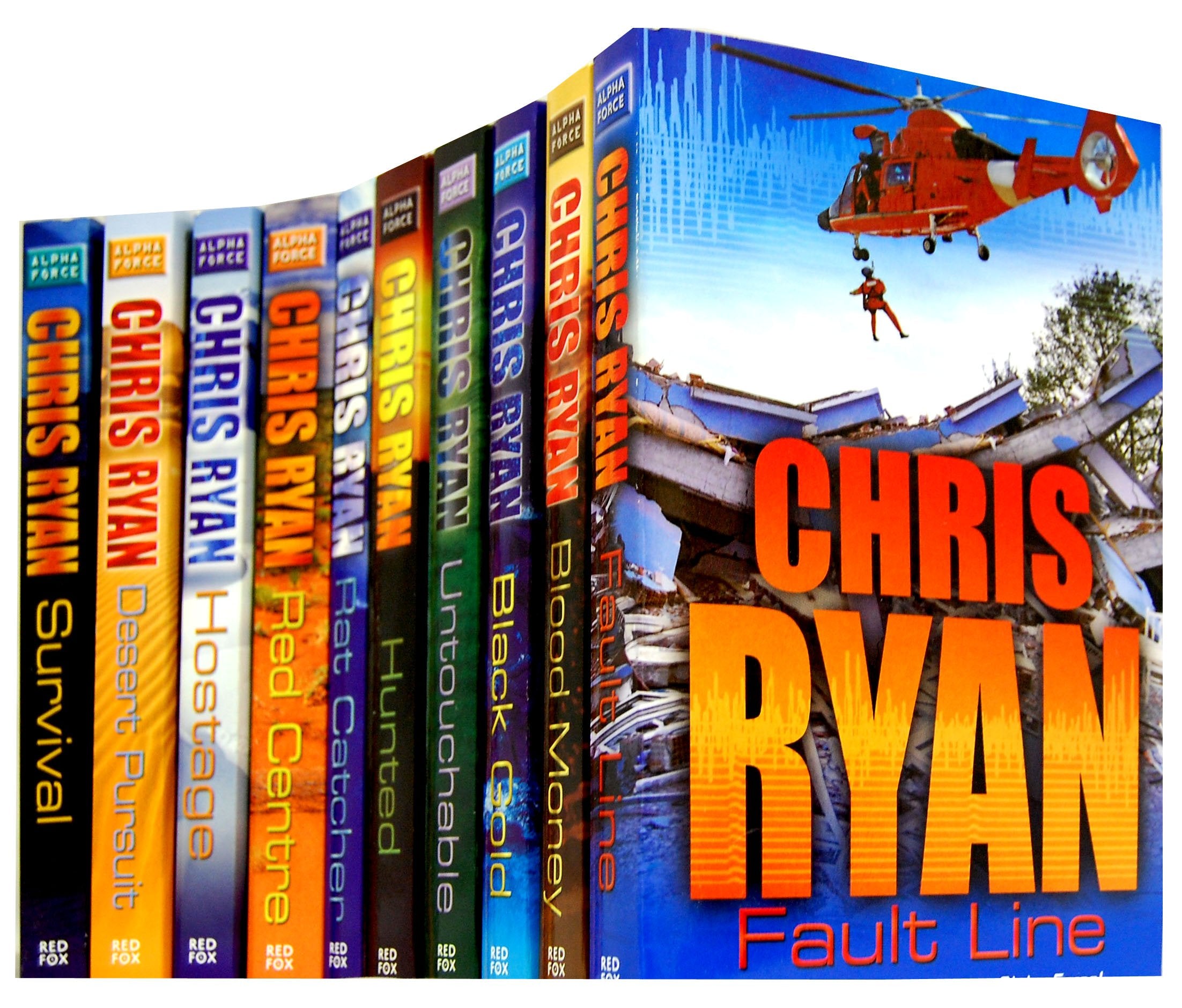 Alpha Force by Chris Ryan 10 paperback books collection set featuring adventure fiction, displayed with colorful covers.