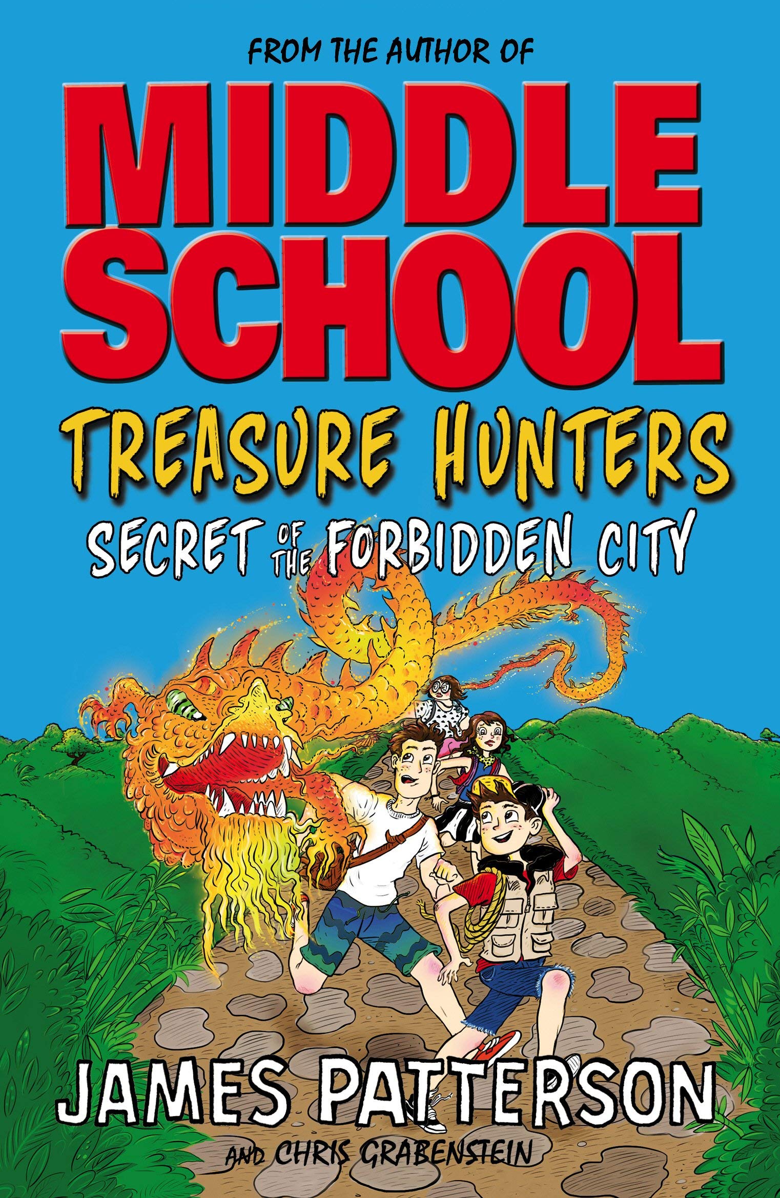 Five paperback books from the Middle School Treasure Hunters series by James Patterson, featuring fun illustrations and covers.