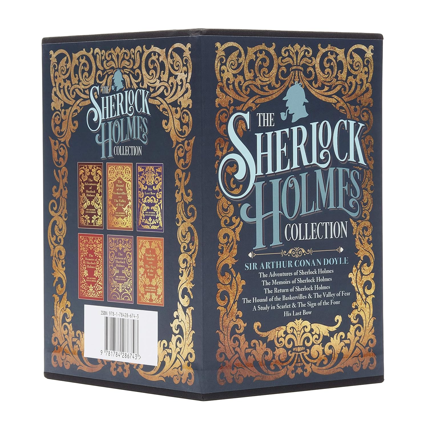 Six hardcover Sherlock Holmes books by Arthur Conan Doyle in a Sirius collection box set, featuring classic detective fiction.