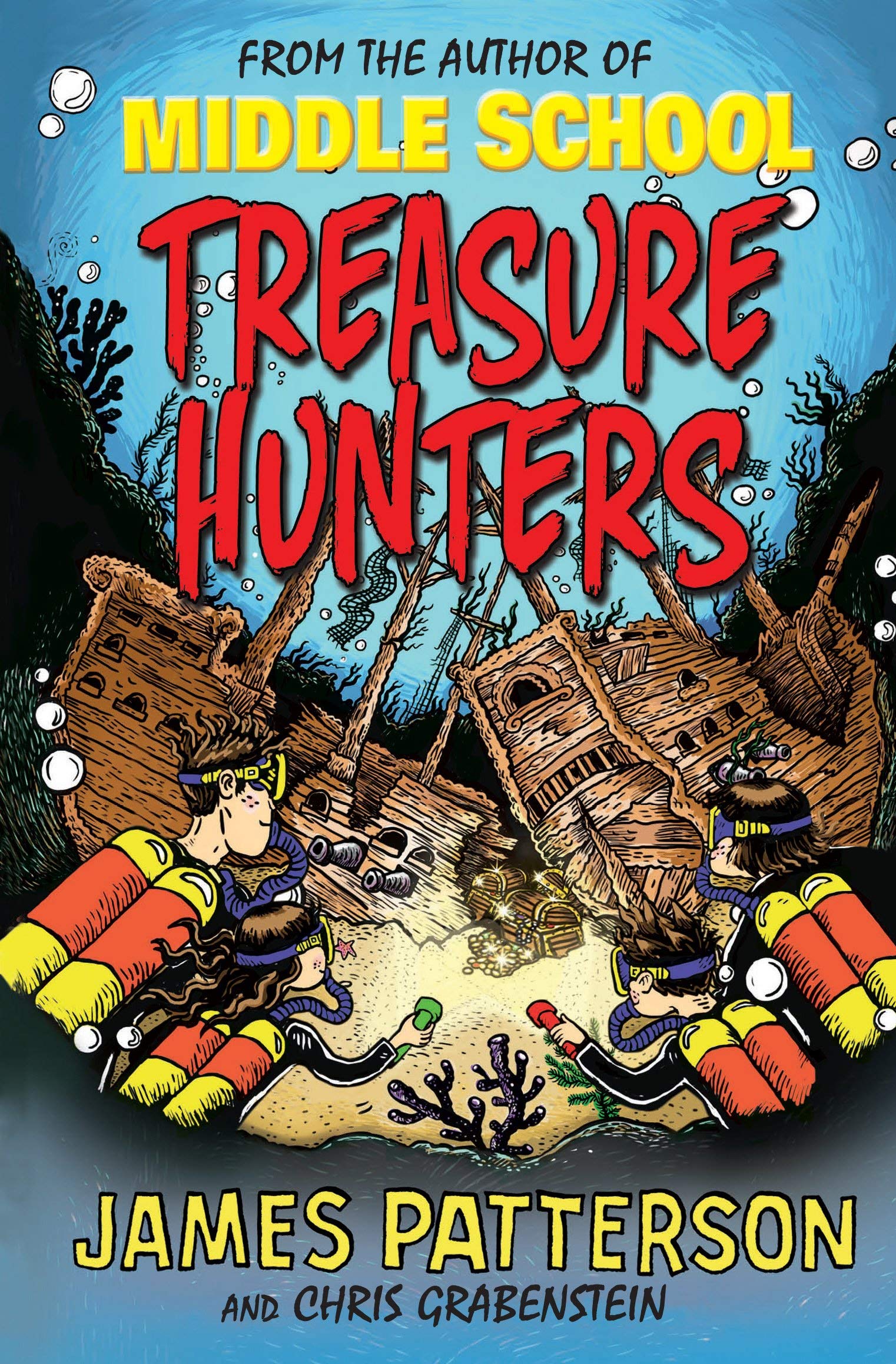 Five paperback books from the Middle School Treasure Hunters collection by James Patterson, featuring colorful covers.