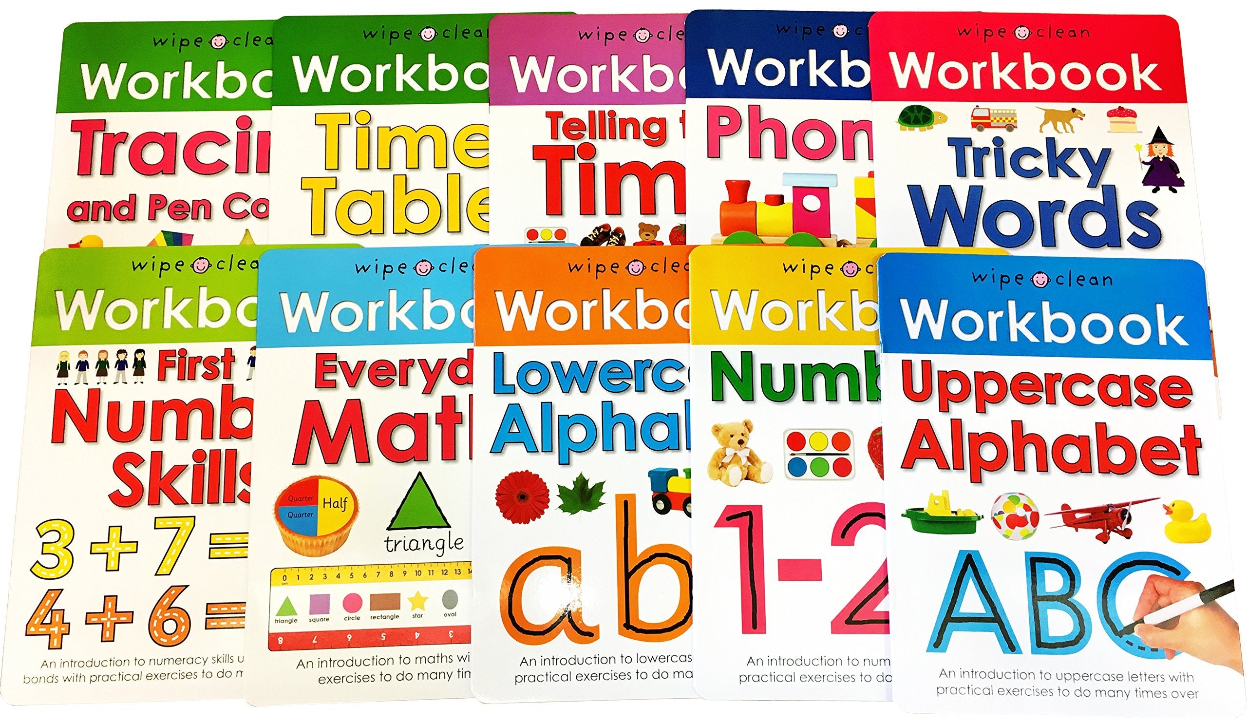 Wipe-clean workbook collection featuring 10 board books for ages 3-5 by Roger Priddy, showcasing fun learning activities.