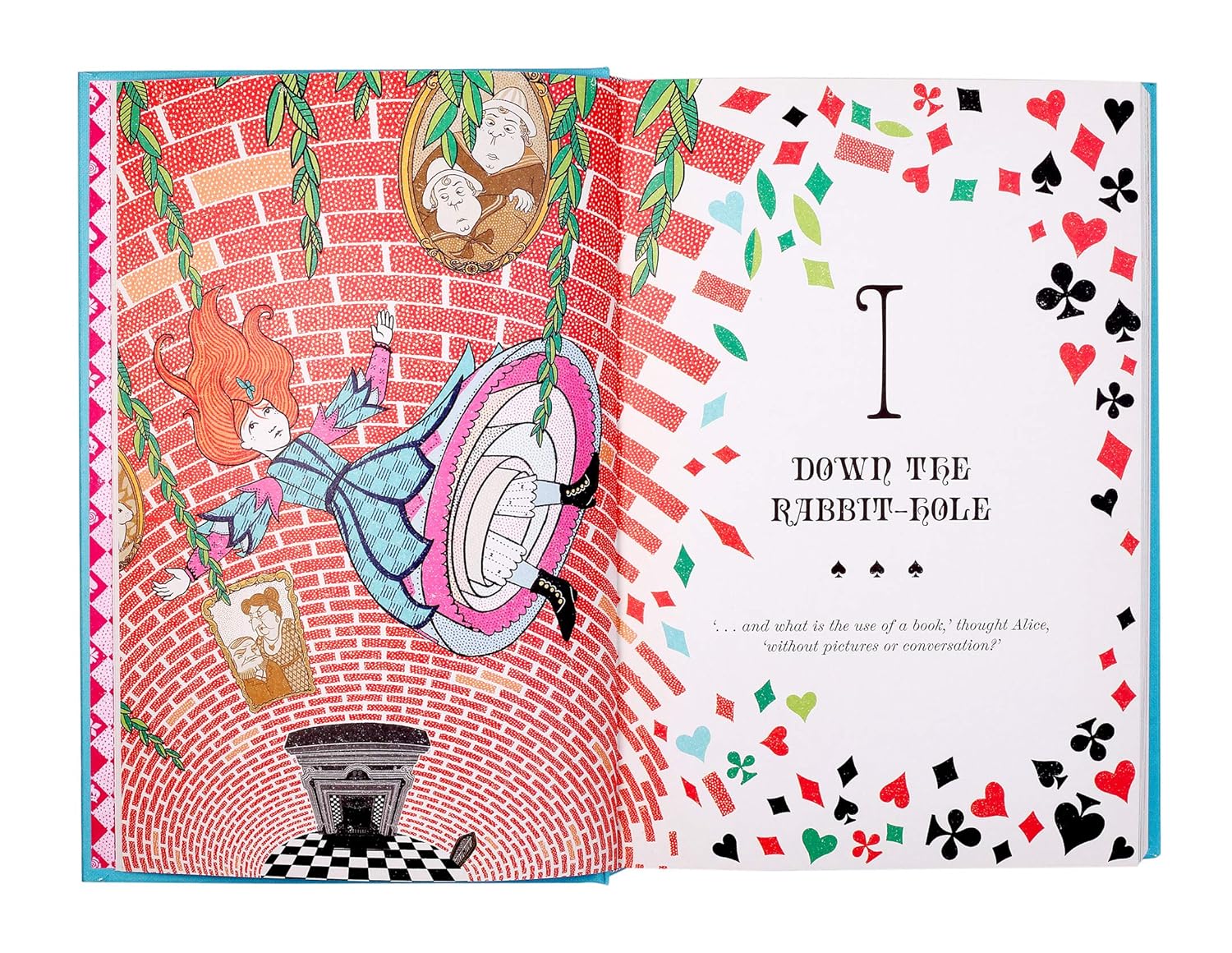 Hardcover of Alice's Adventures in Wonderland by Lewis Carroll, illustrated by MinaLima, for children ages 3 to 7.