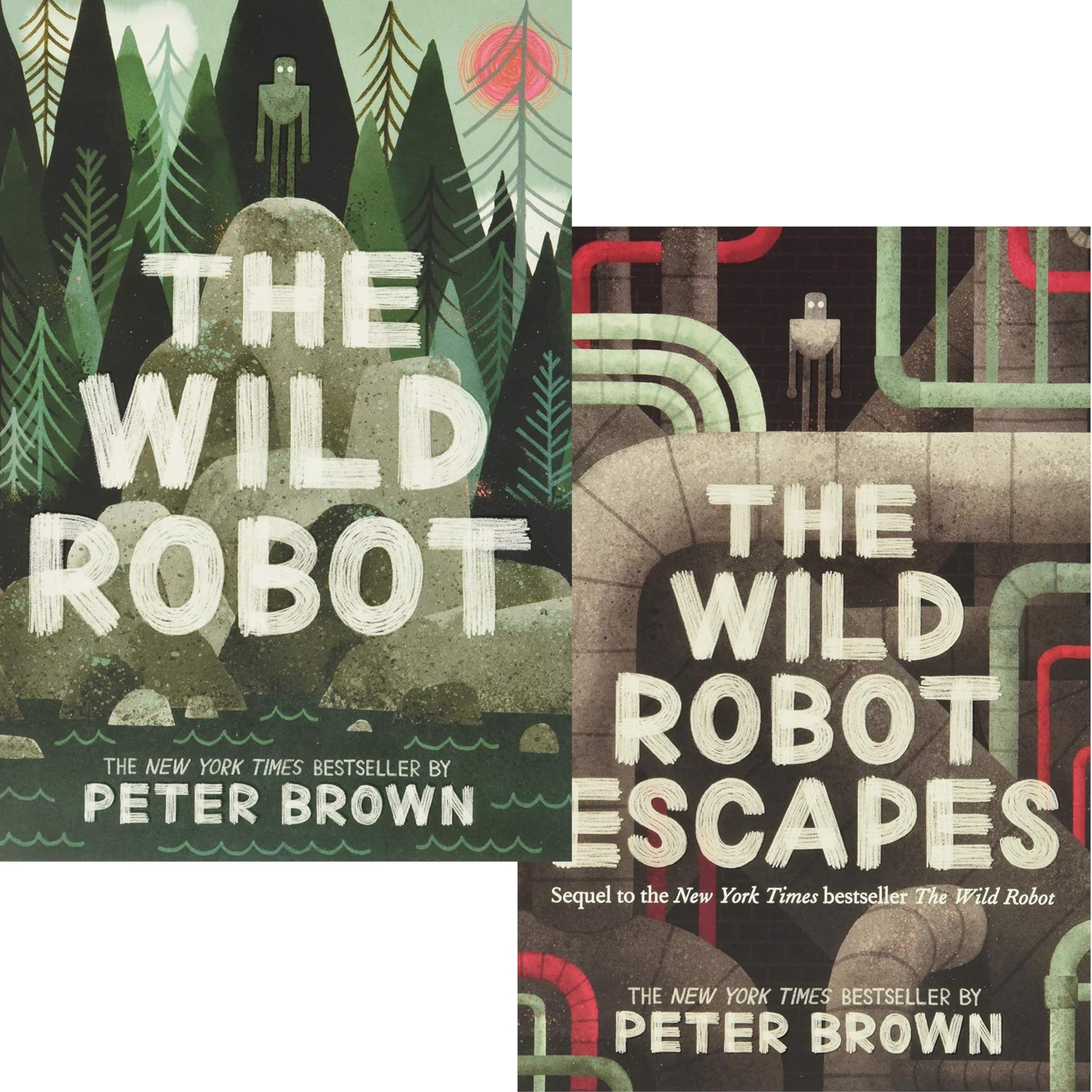 Wild Robot Series by Peter Brown, two paperback books for ages 8-12, featuring colorful covers and engaging illustrations.