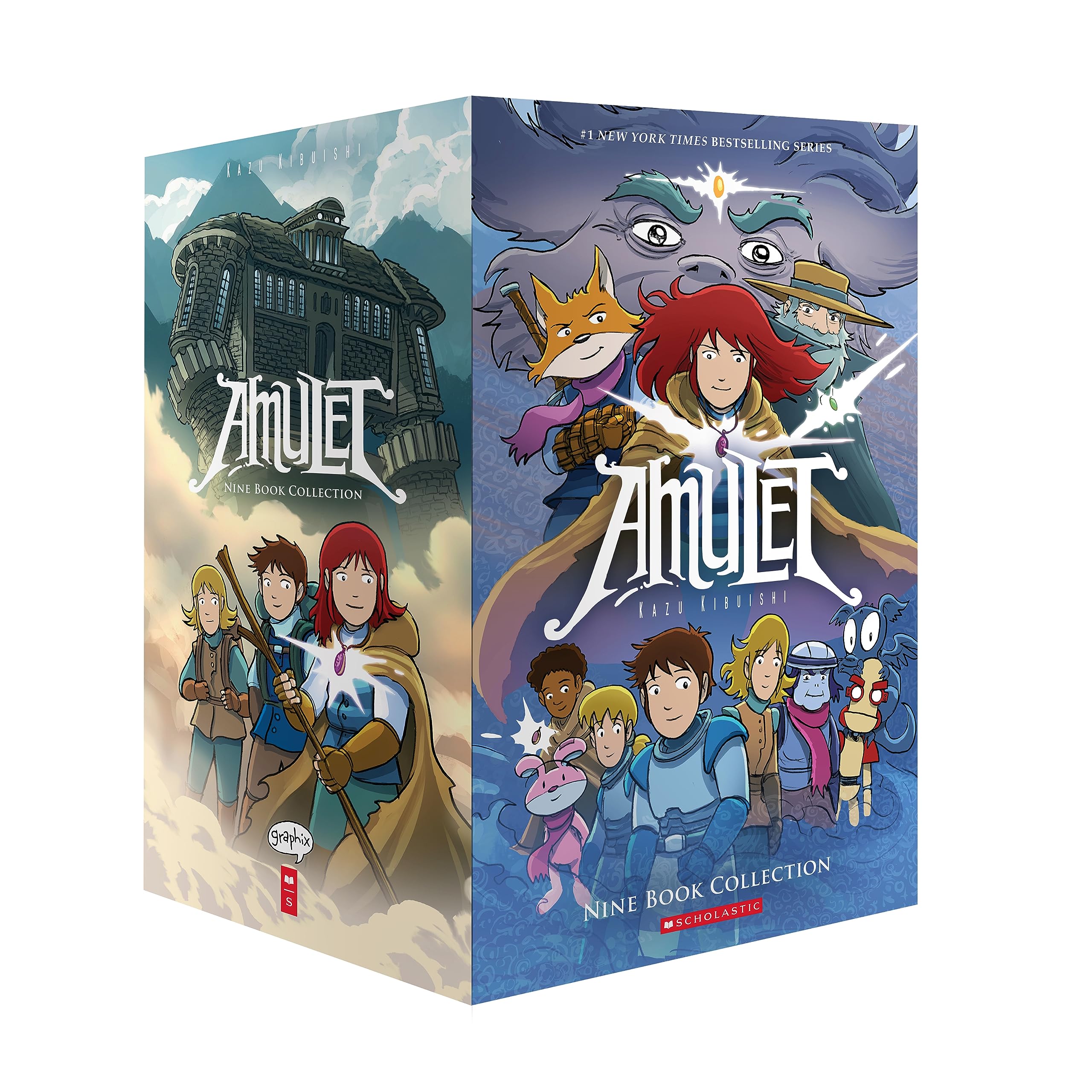 Nine-book Amulet collection by Kazu Kibuishi in paperback, featuring colorful illustrated covers and graphic novel style artwork.