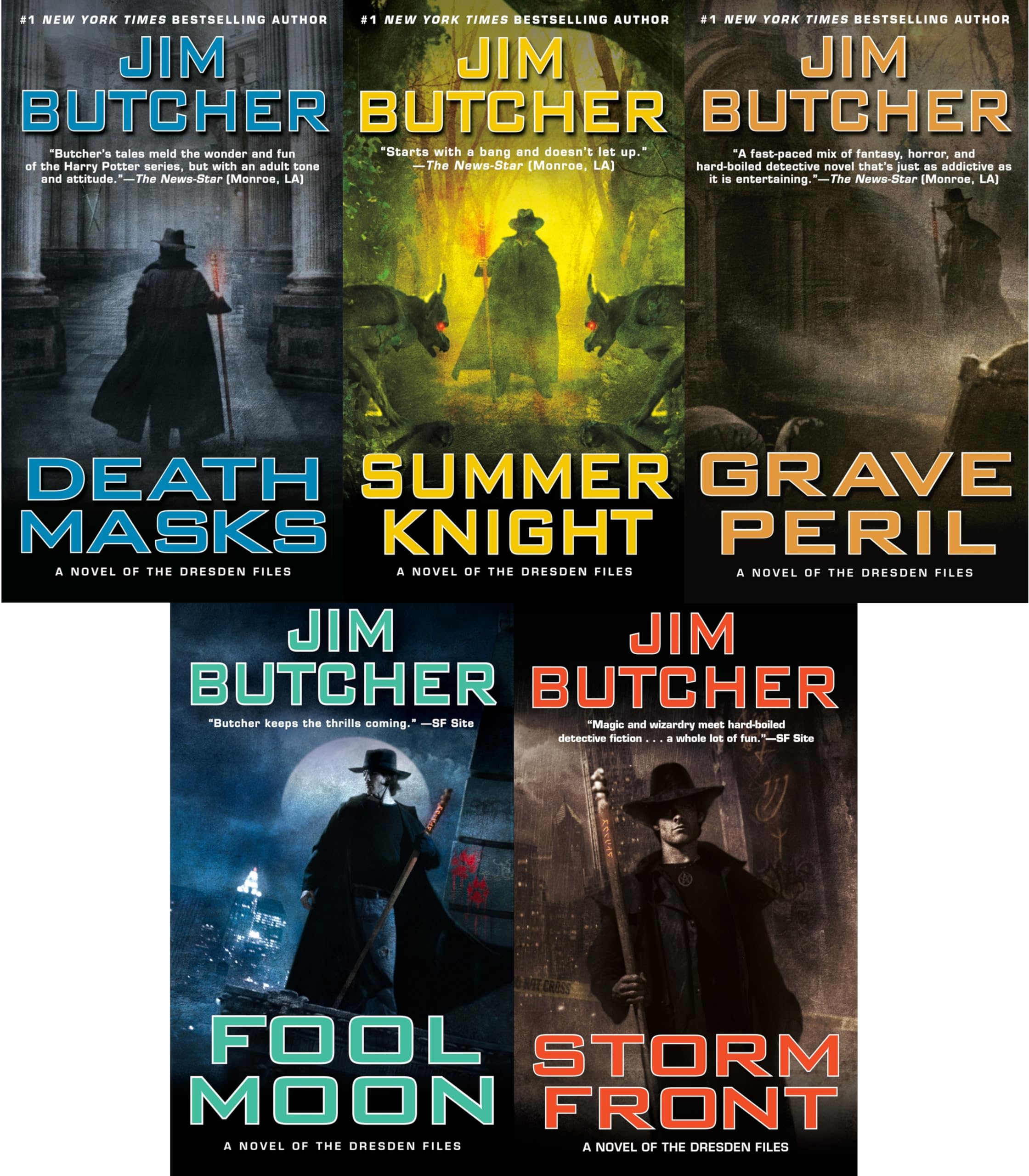 Set of five Dresden Files by Jim Butcher paperback books in a fiction collection, featuring fantasy and supernatural themes.