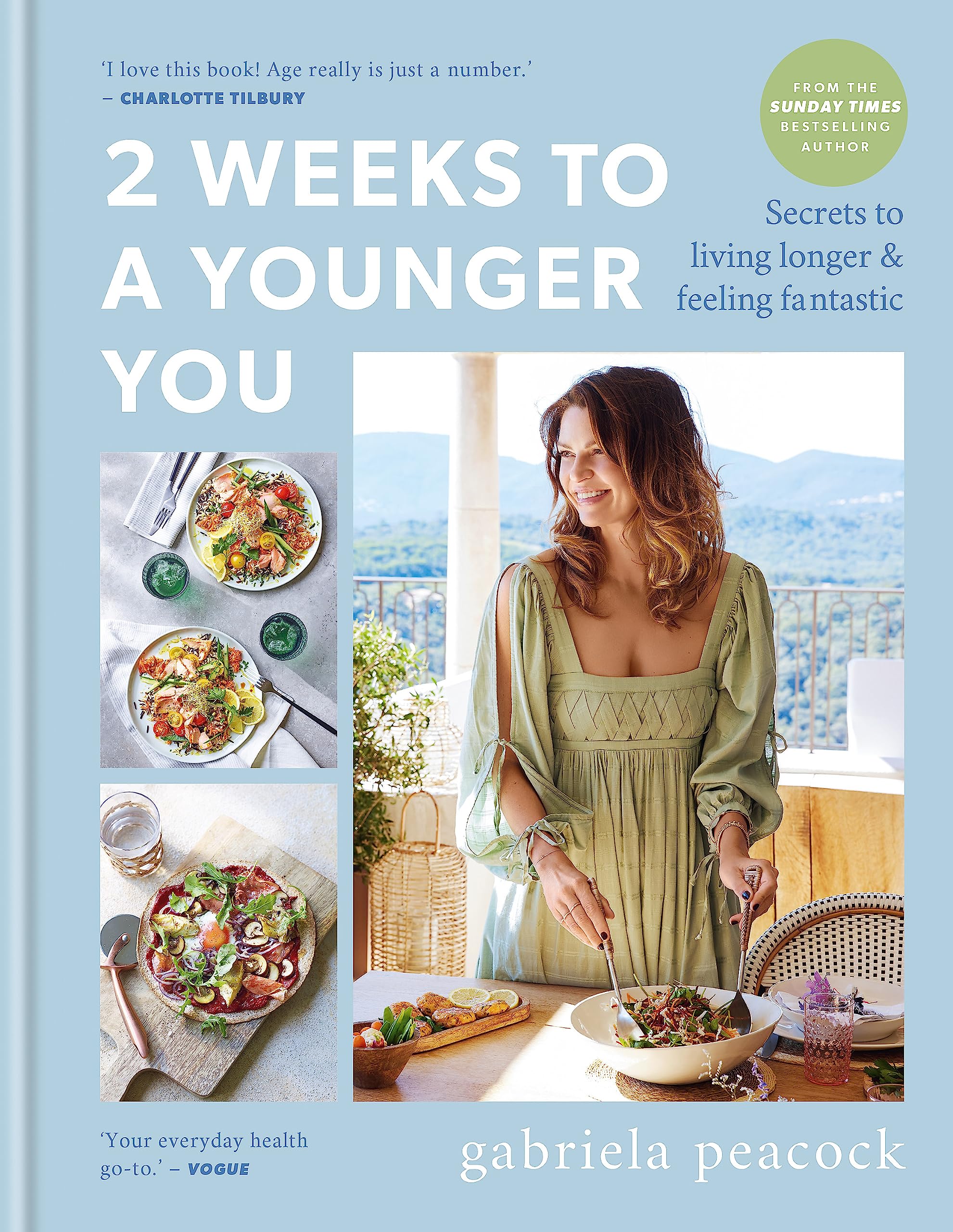 Hardback book "2 Weeks to a Younger You" by Gabriela Peacock, featuring a vibrant cover and informative spine design.