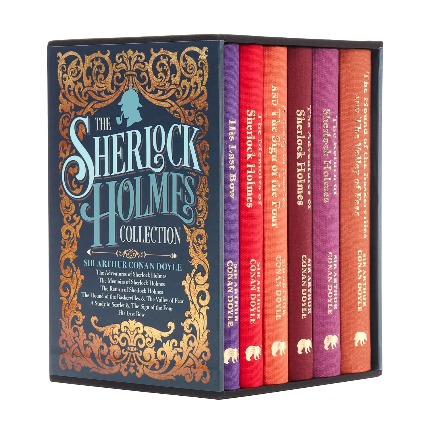 Six hardcover Sherlock Holmes books by Arthur Conan Doyle in a Sirius collection box set, featuring classic detective stories.