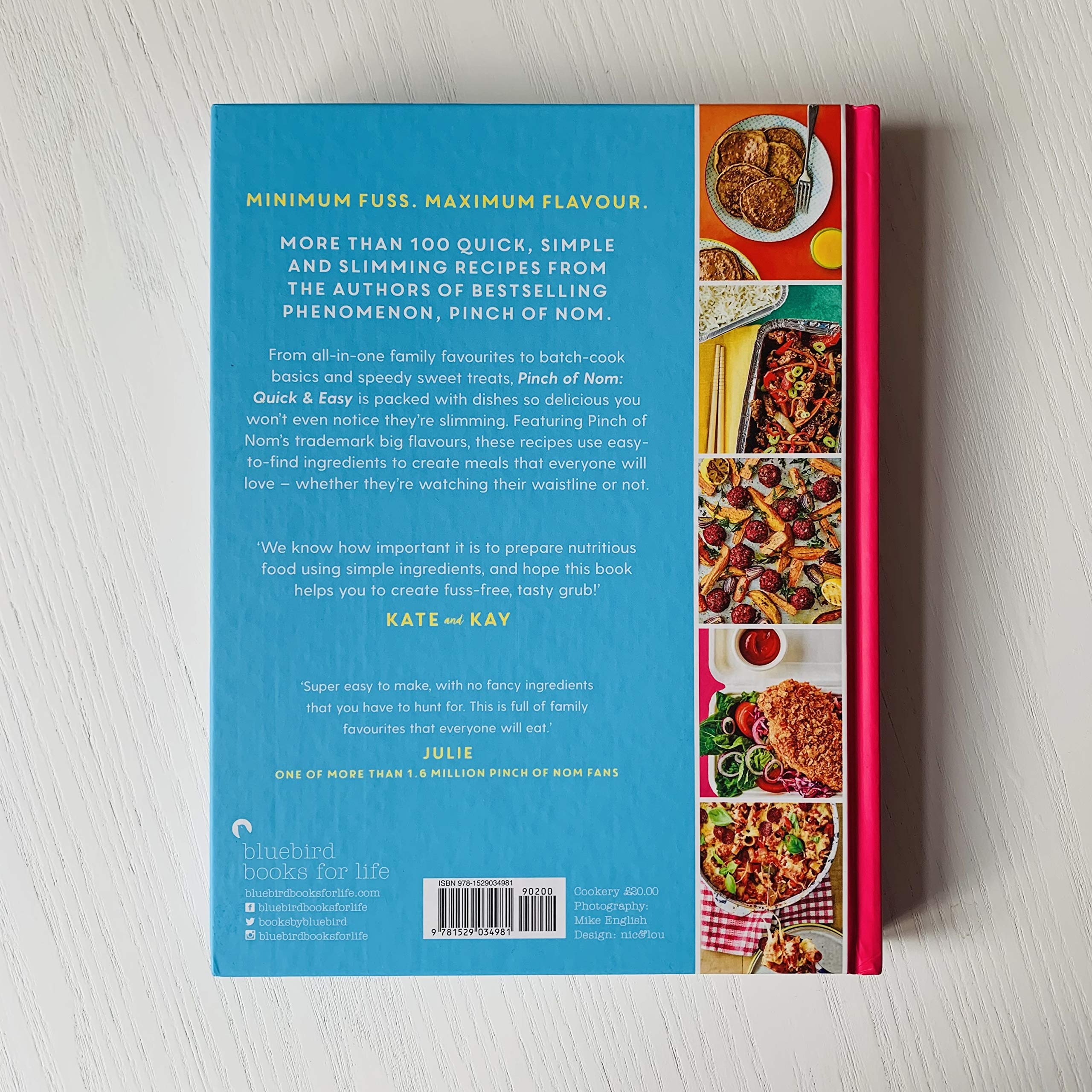 Hardback edition of "Pinch of Nom Quick and Easy" by Kay Featherstone, featuring a colorful cookbook cover.