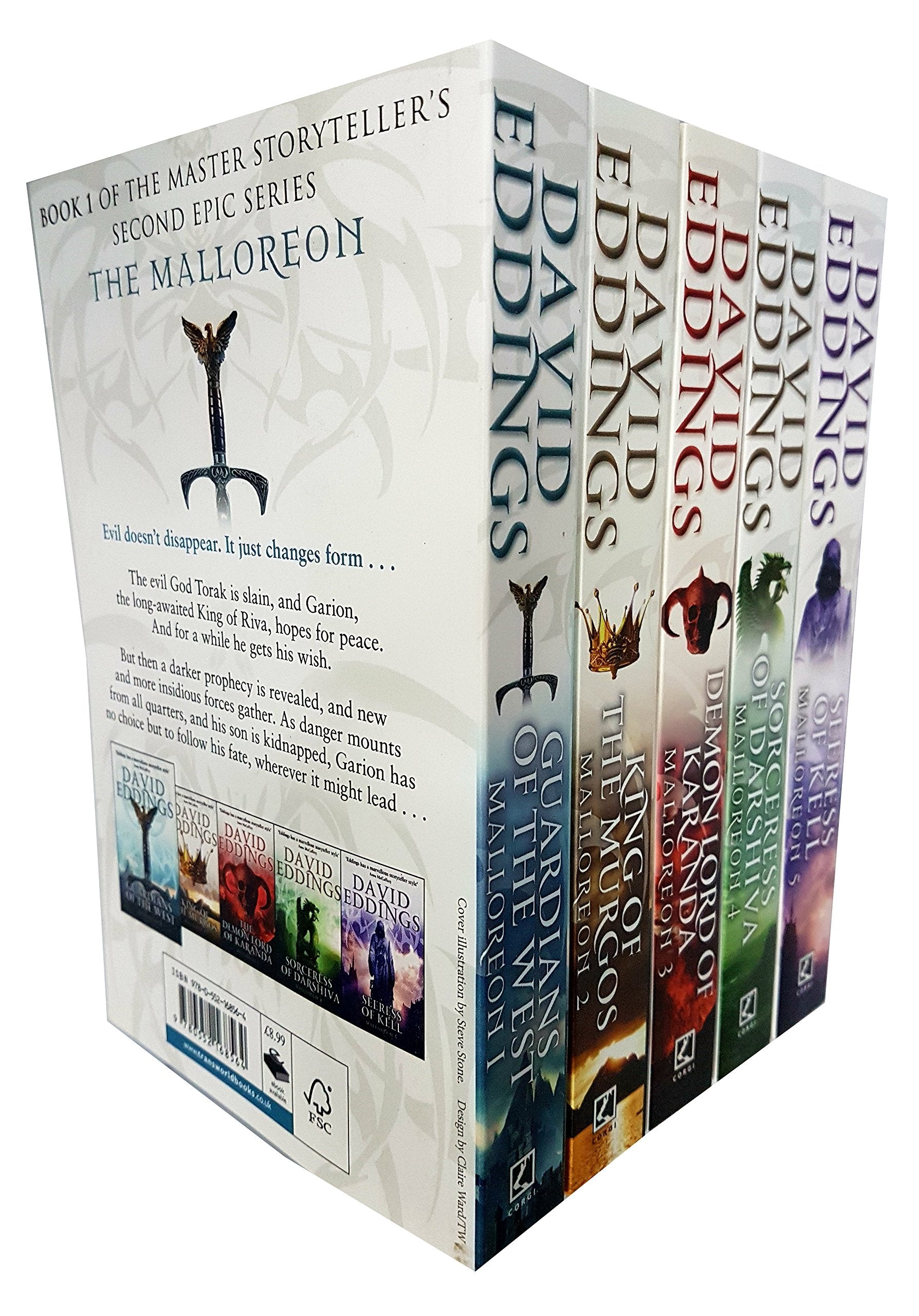 Malloreon Series by David Eddings, five paperback books stacked with colorful covers.