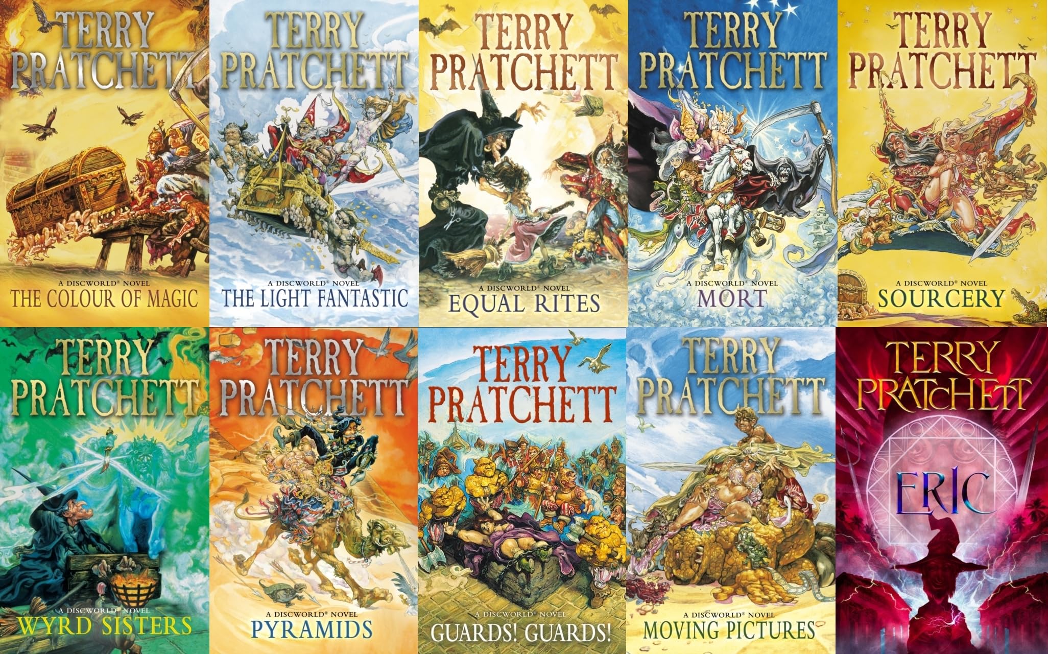 Terry Pratchett's Discworld 10 book collection set in paperback, featuring colorful covers and distinct Corgi branding.