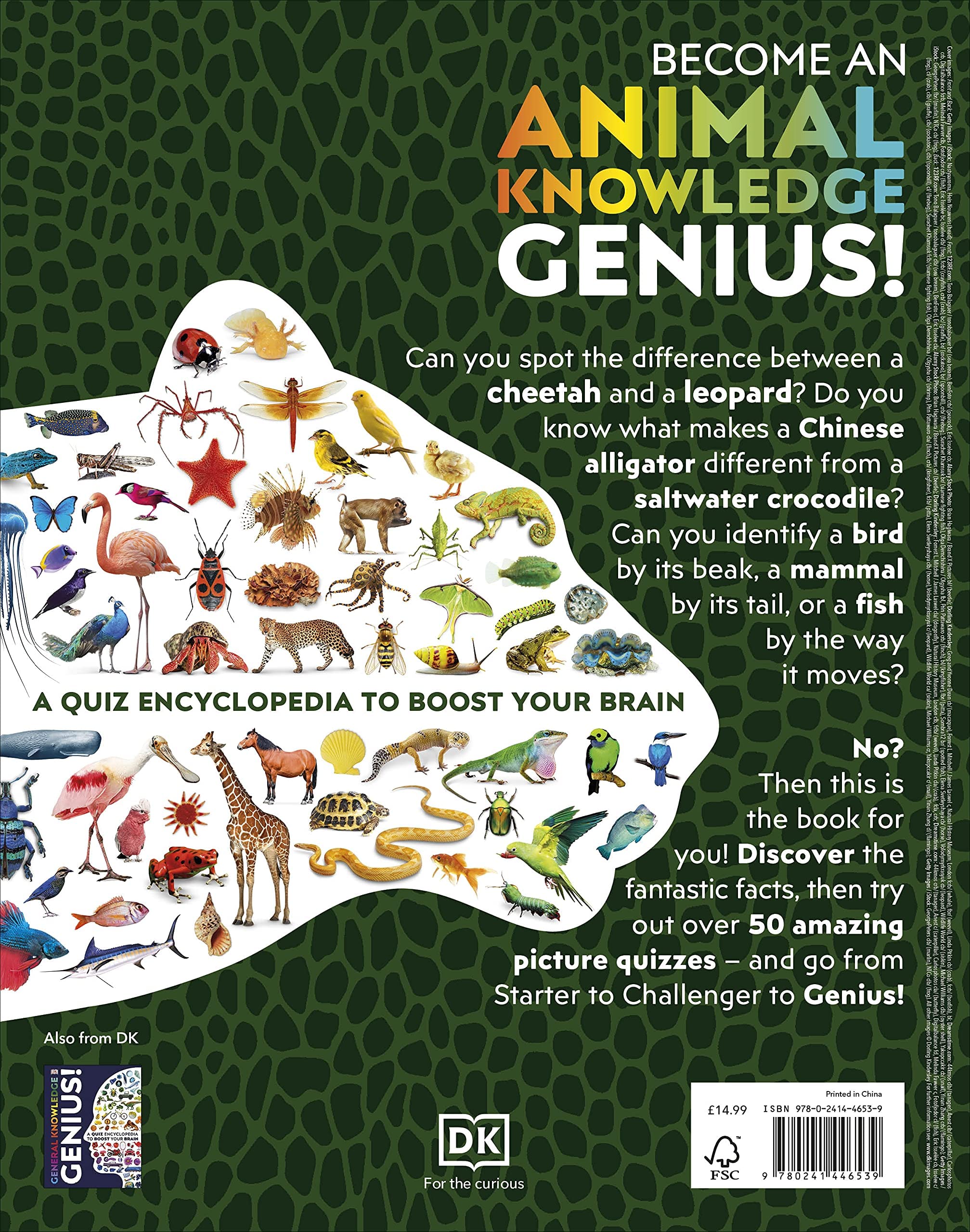 Animal Knowledge Genius Encyclopedia by D.K. Publishing, showcasing a colorful paperback cover with various animal illustrations.