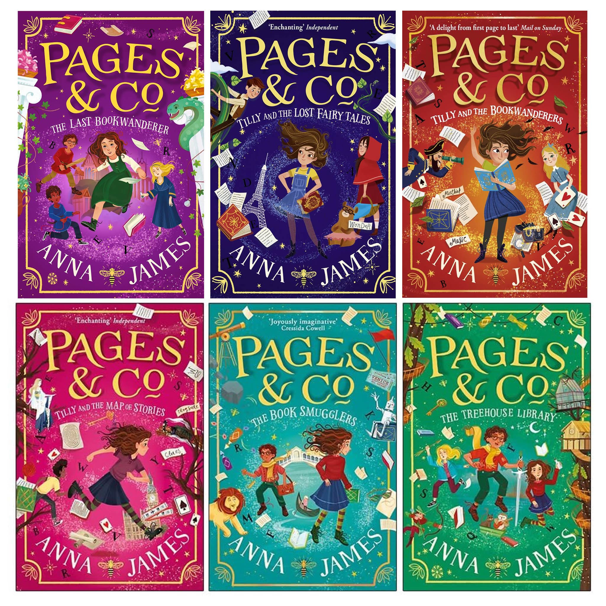 Pages & Co Series by Anna James, 6 paperback books collection for ages 9–12, featuring colorful covers and engaging designs.