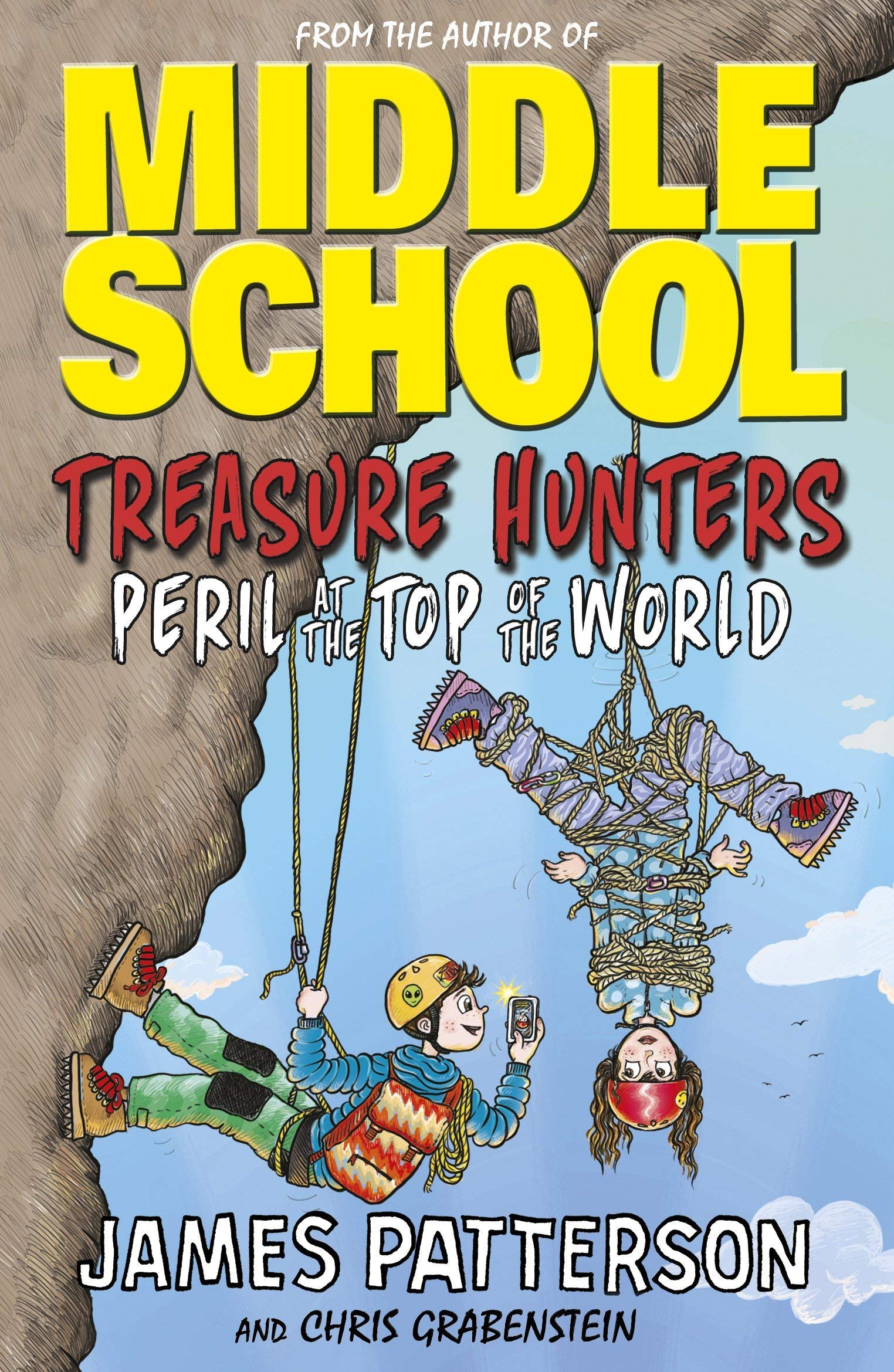 Five paperback books from the Middle School Treasure Hunters series by James Patterson stacked on a table.