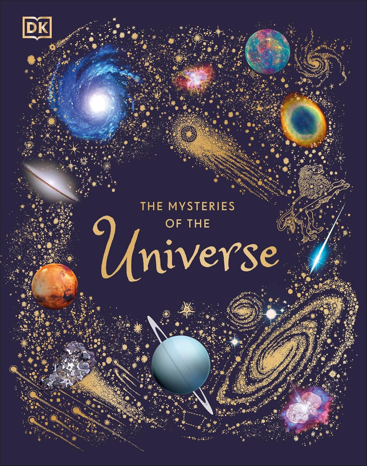 Hardcover book titled "Mysteries of the Universe: Secrets of Space" by Will Gater, featuring space and science illustrations.
