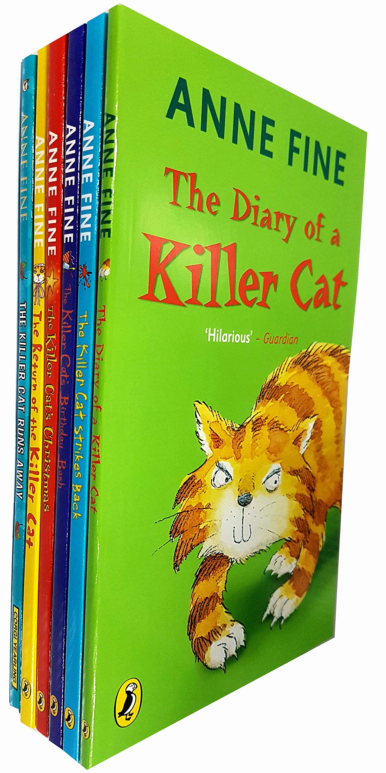 Killer Cat Series by Anne Fine, 6 paperback books set, featuring colorful covers and illustrations of the mischievous cat.