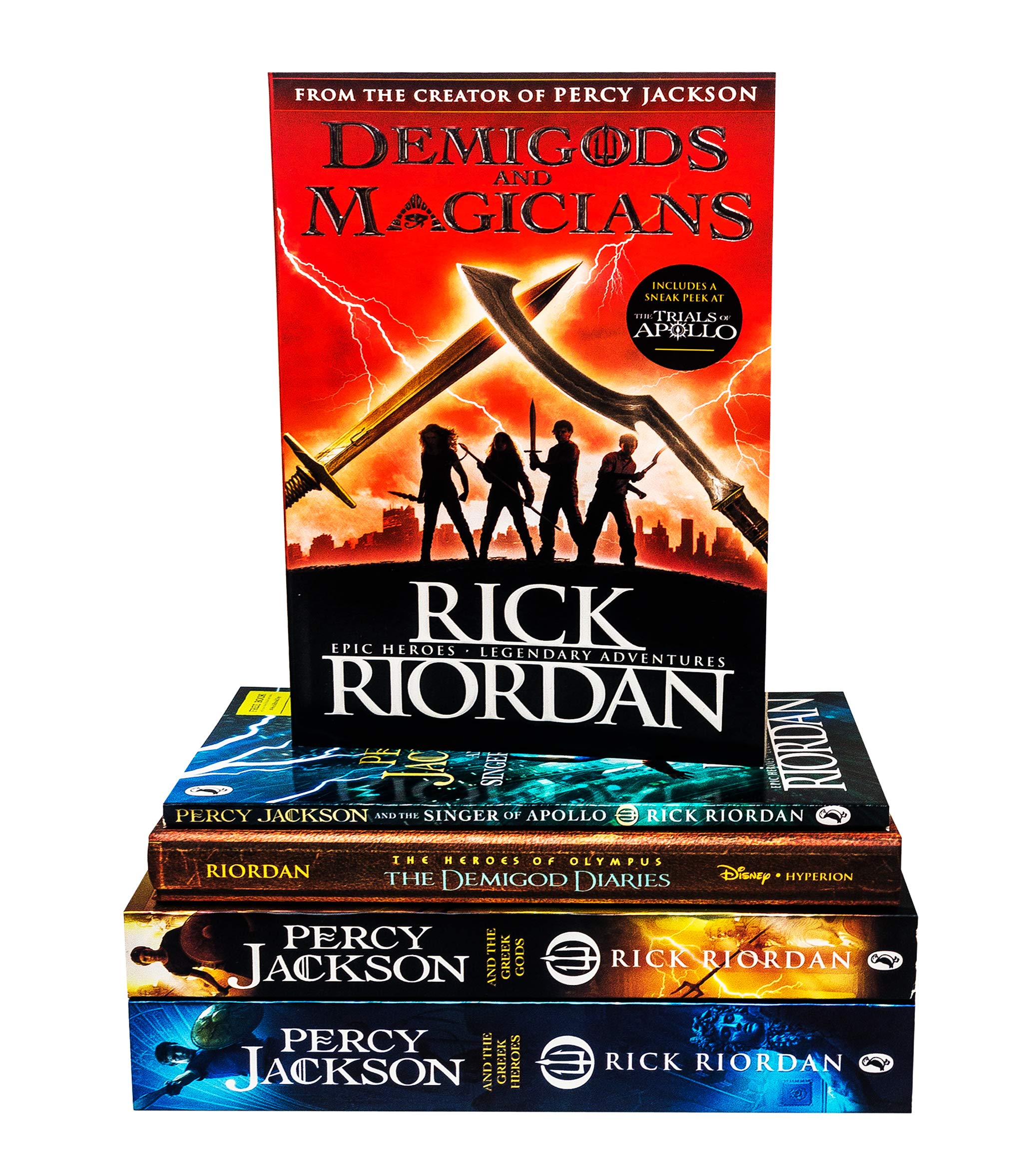 Rick Riordan 5 Books Collection Set in paperback, featuring colorful covers and fantasy themes, by Penguin/Disney.