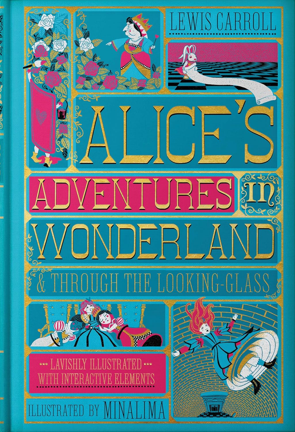 Hardback copy of Alice's Adventures in Wonderland by Lewis Carroll, illustrated by MinaLima, for children ages 3 to 7.