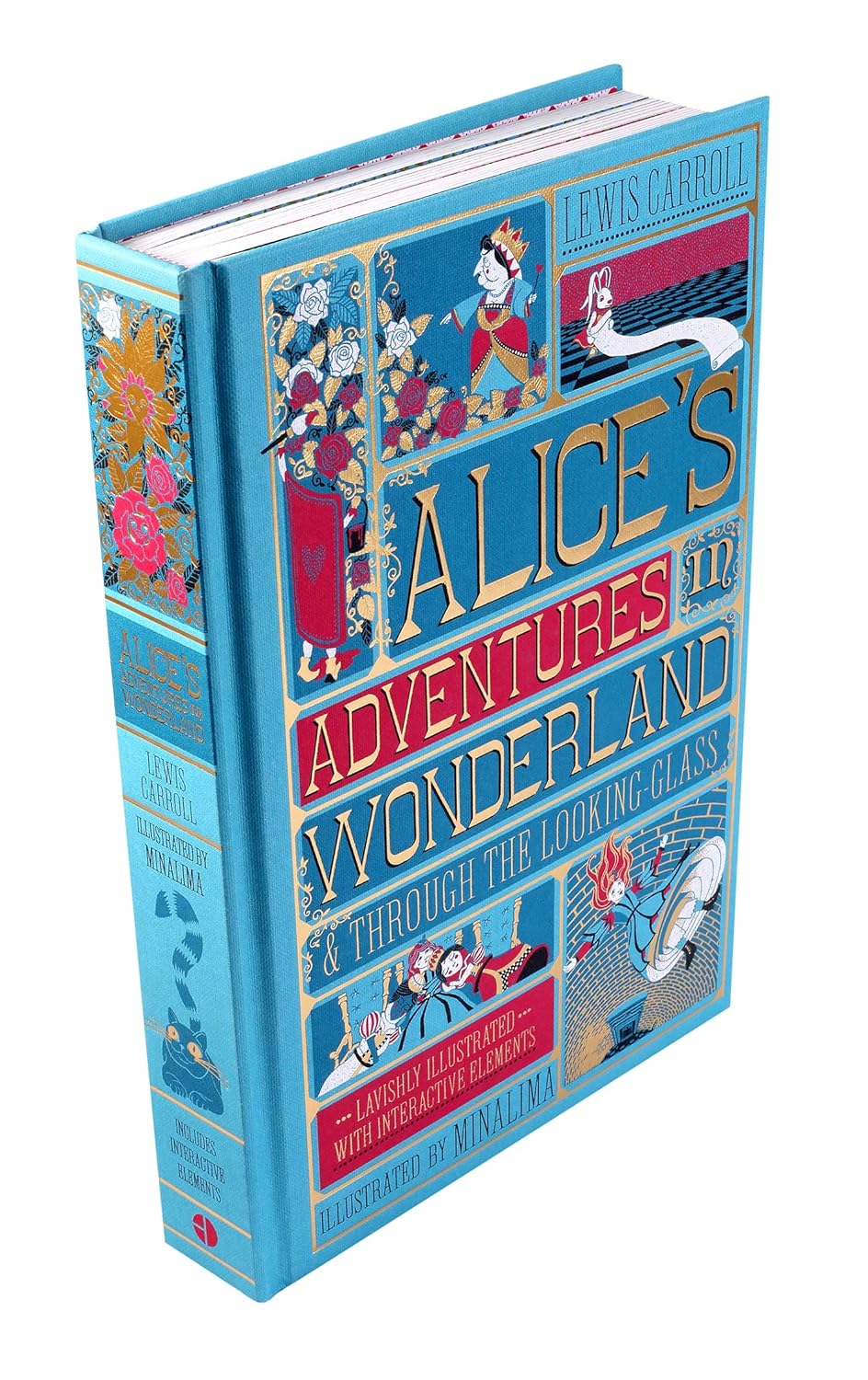 Hardcover of Alice's Adventures in Wonderland by Lewis Carroll, illustrated by MinaLima, for children ages 3 to 7.