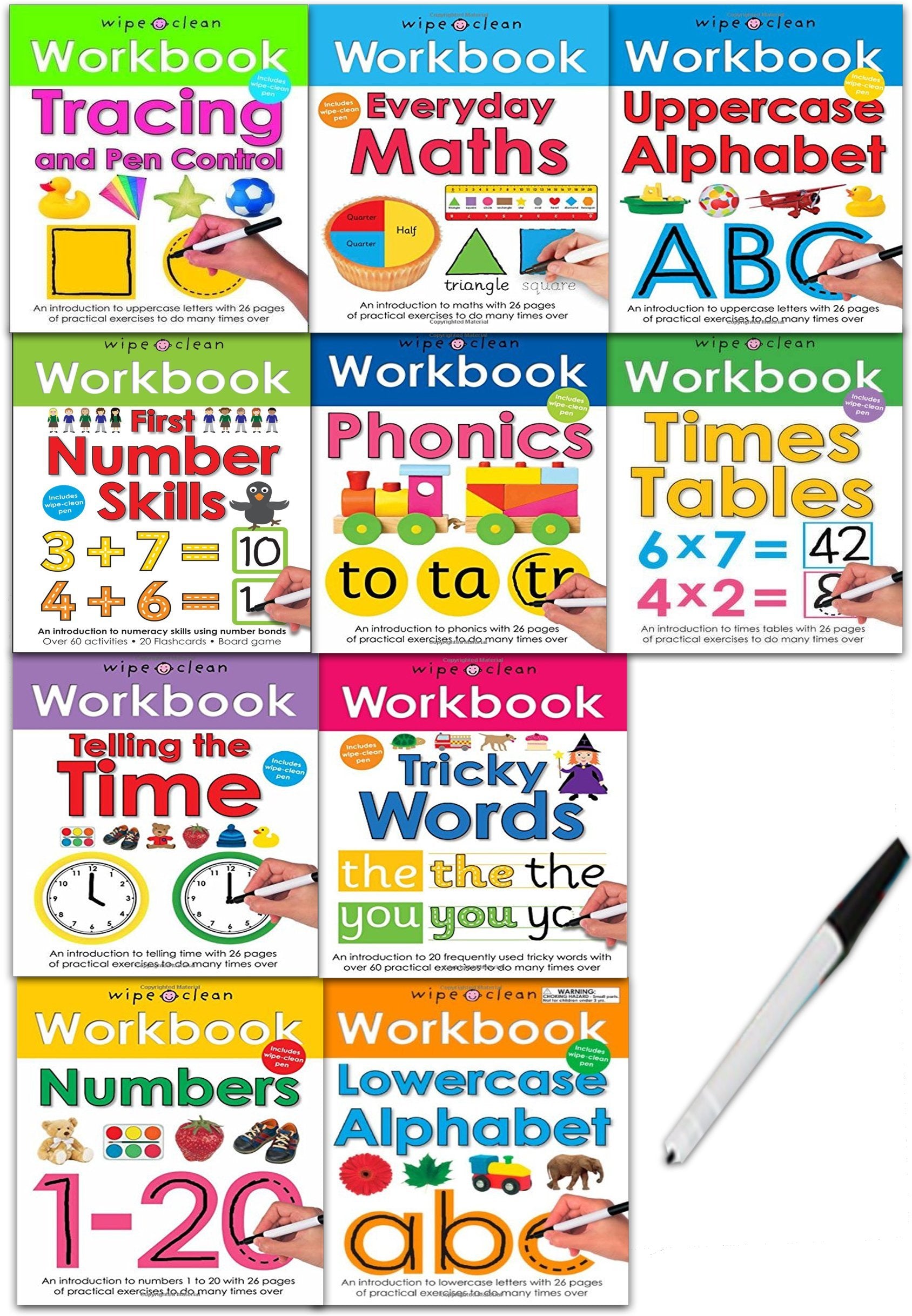 Wipe-Clean Workbook Collection by Roger Priddy featuring 10 board books for ages 3-5 on a colorful display.