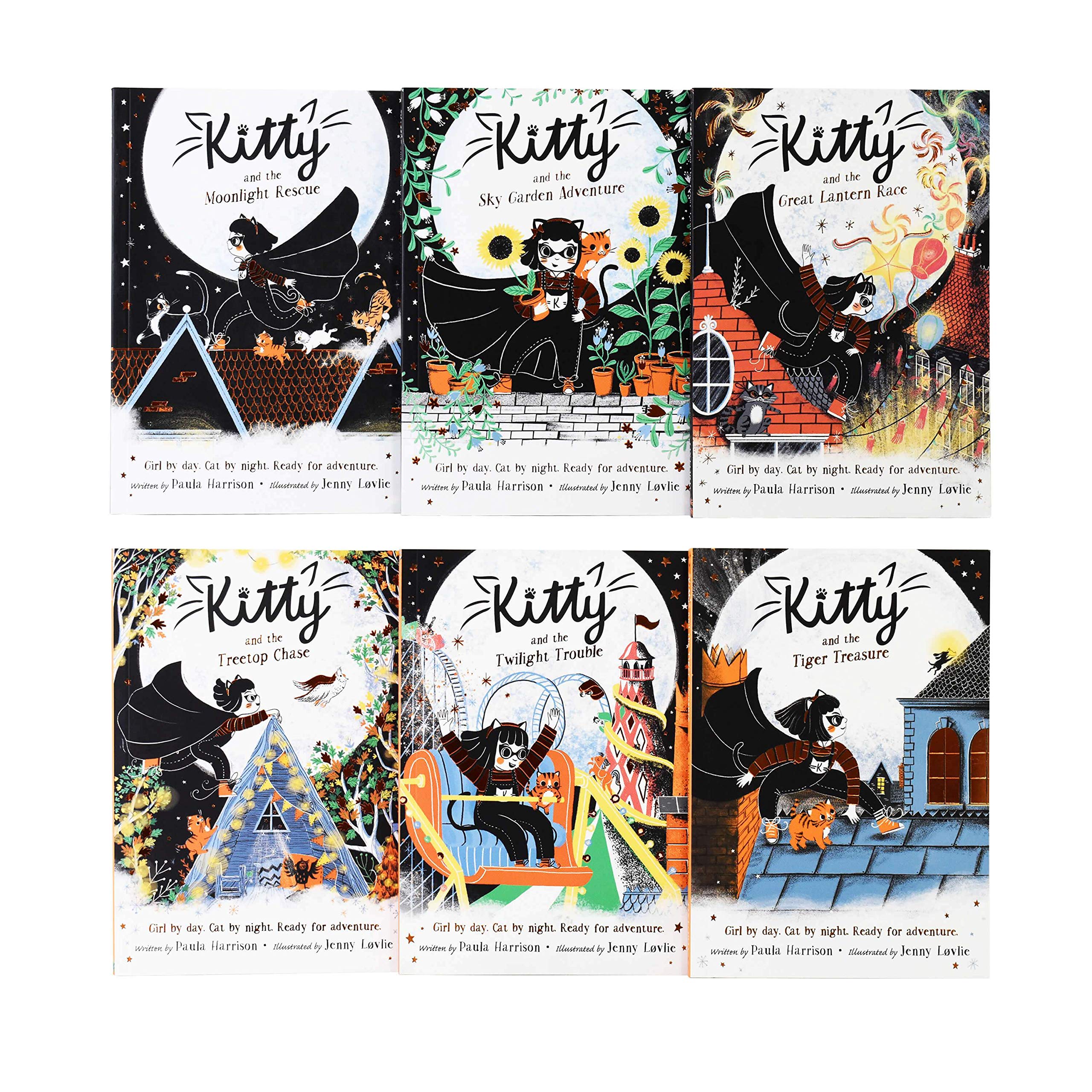 Six paperback books from the Kitty and the Rescue Adventure series by Paula Harrison, featuring colorful covers for children ages 3-8.