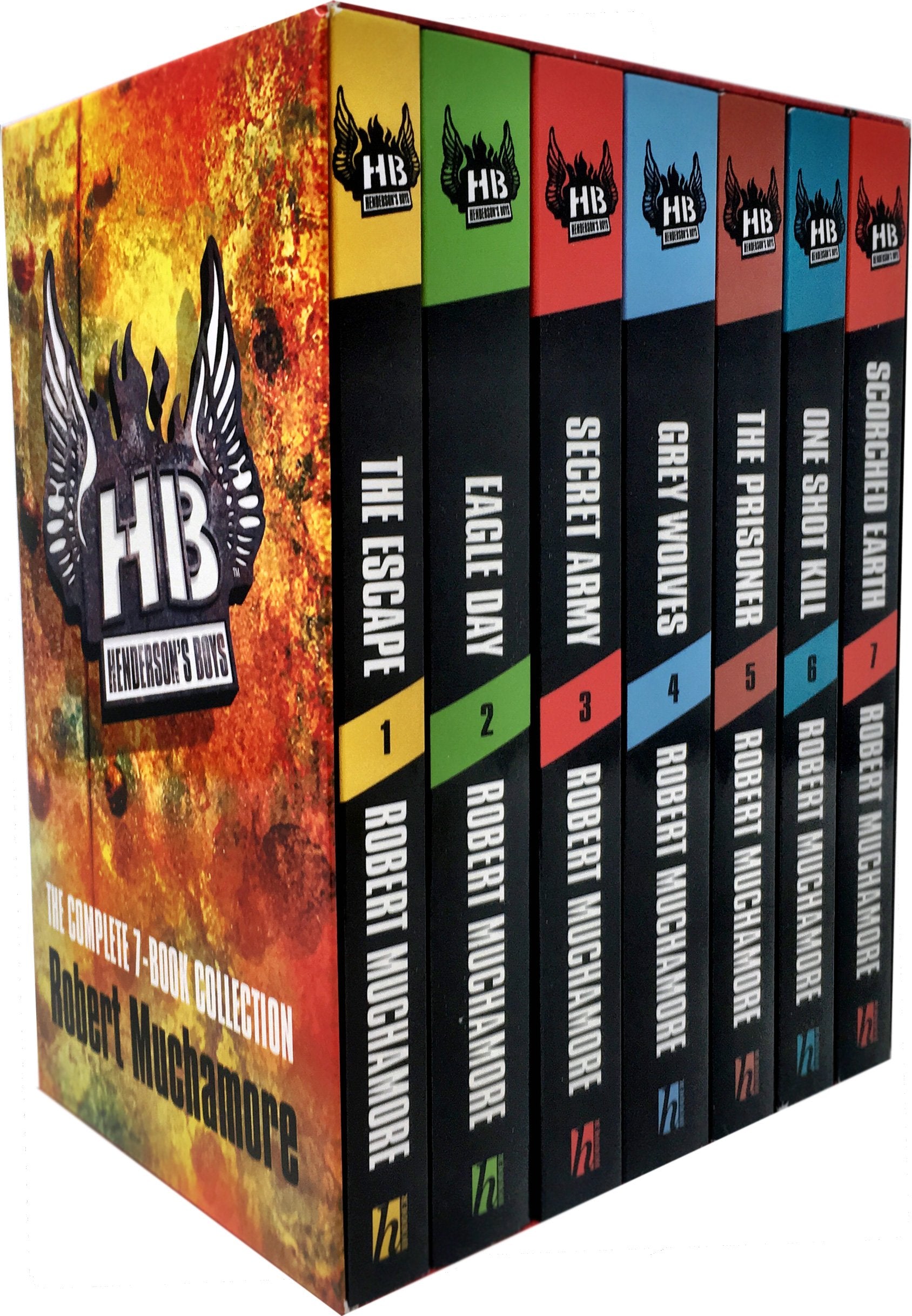Henderson's Boys 6-book paperback collection by Robert Muchamore, featuring a set of fiction novels displayed together.