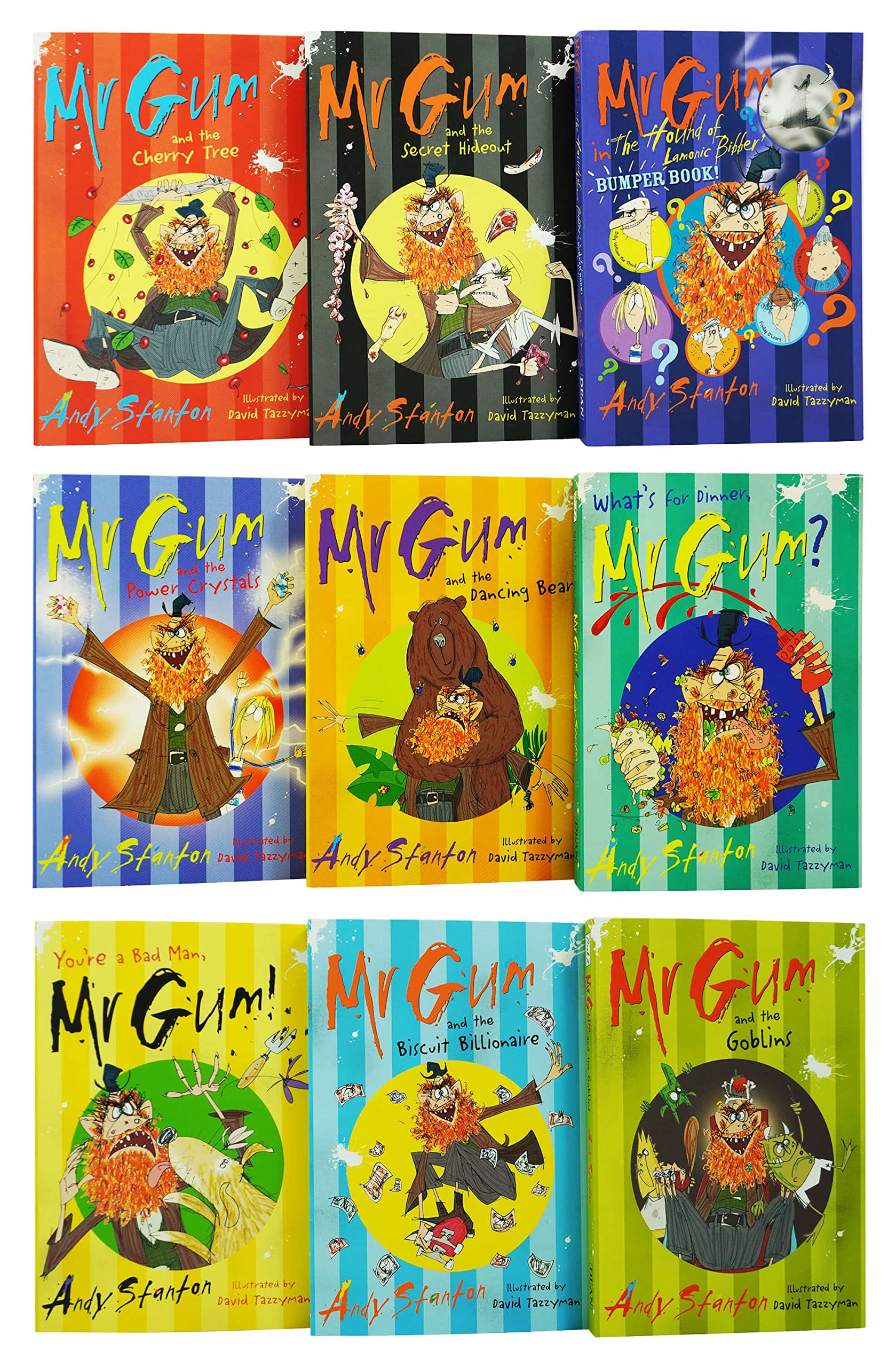 Mr Gum Series Collection by Andy Stanton, 8 paperback books for ages 7–9, featuring colorful covers and engaging illustrations.
