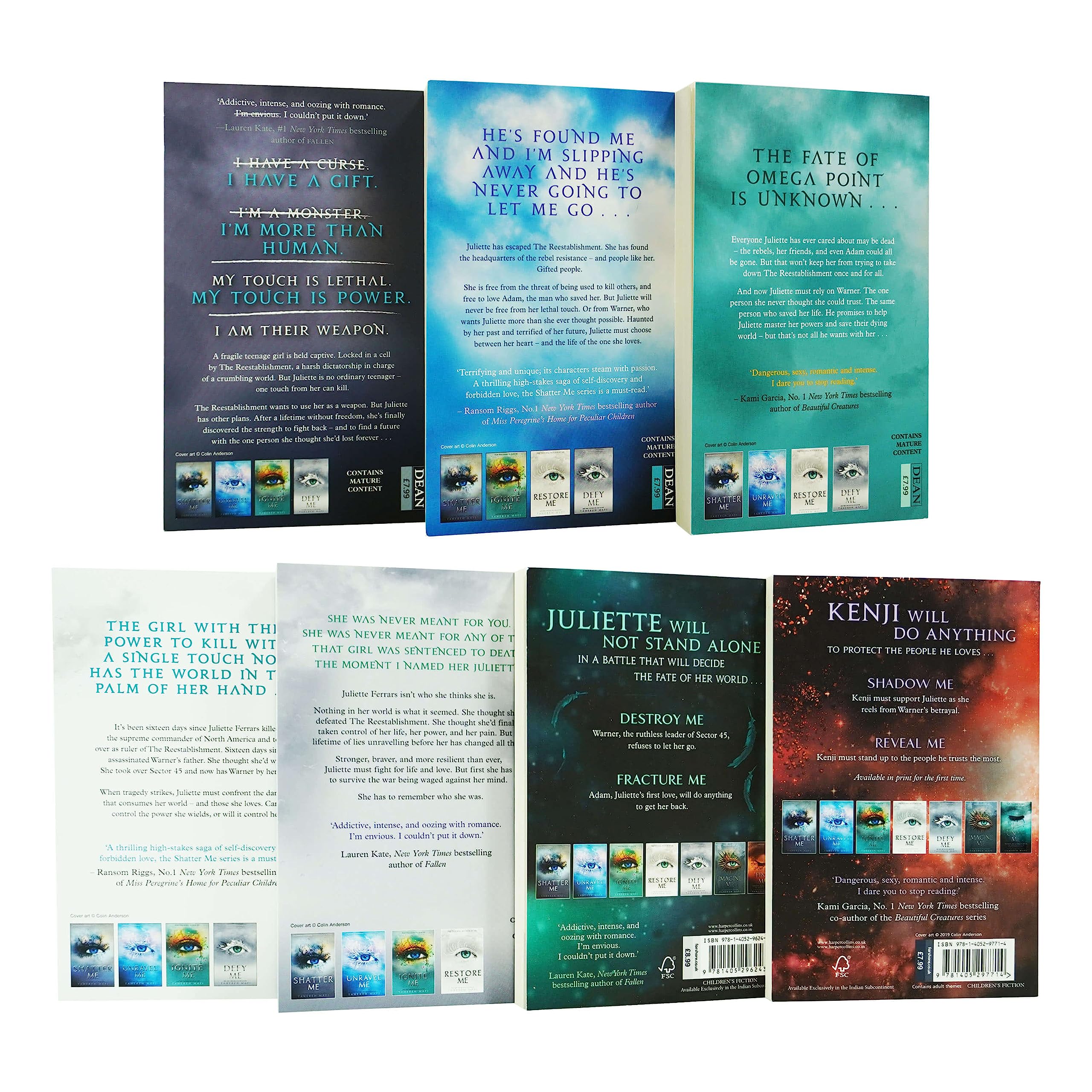 Shatter Me Series book collection by Tahereh Mafi, 7 paperback young adult novels, featuring colorful covers and spine details.