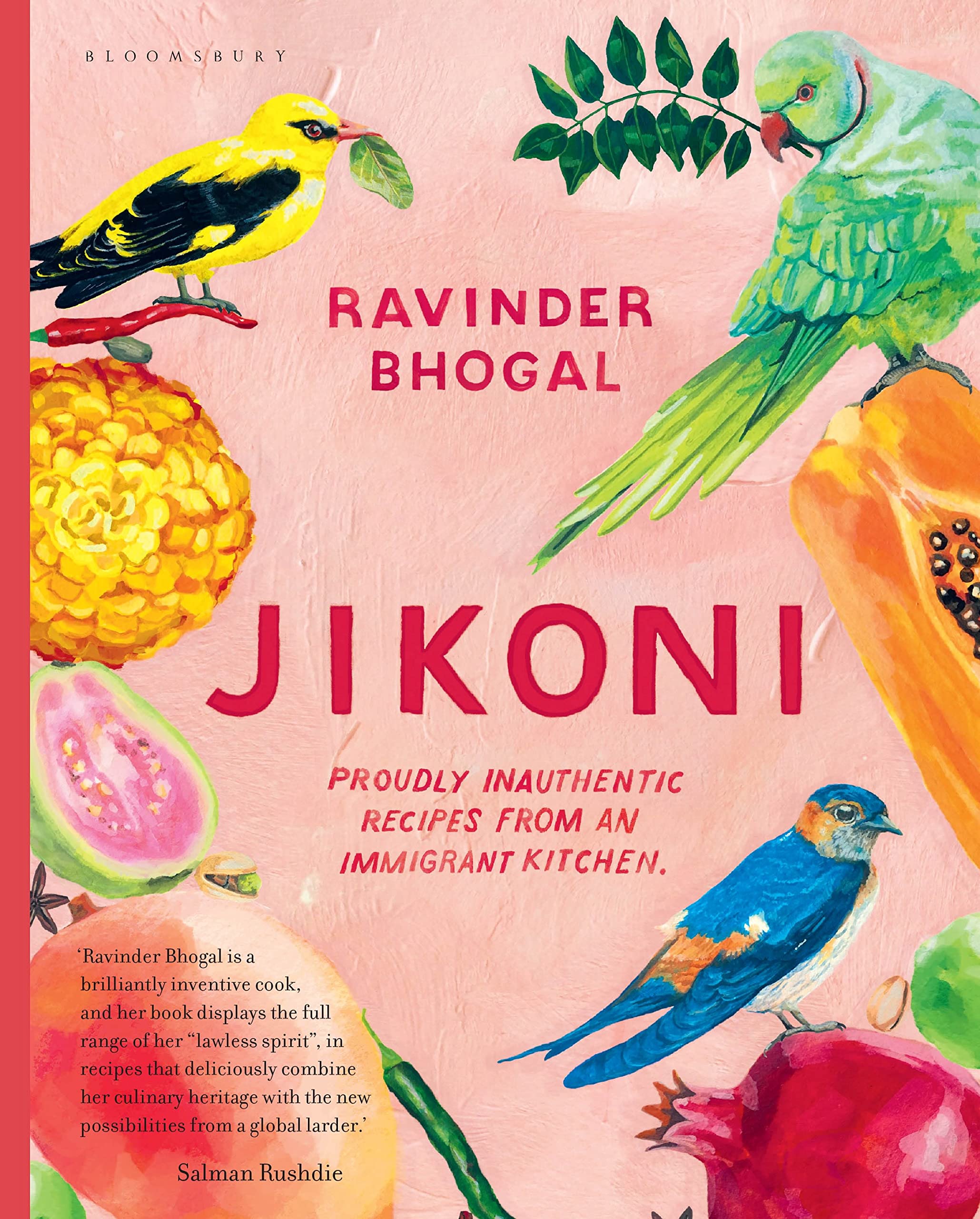 Hardback copy of "Jikoni: Proudly Inauthentic Recipes From An Immigrant Kitchen" by Ravinder Bhogal on a wooden table.