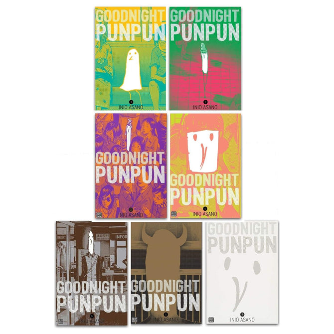 Set of seven Goodnight Punpun paperback manga books by Inio Asano, featuring colorful cover artwork and vibrant illustrations.