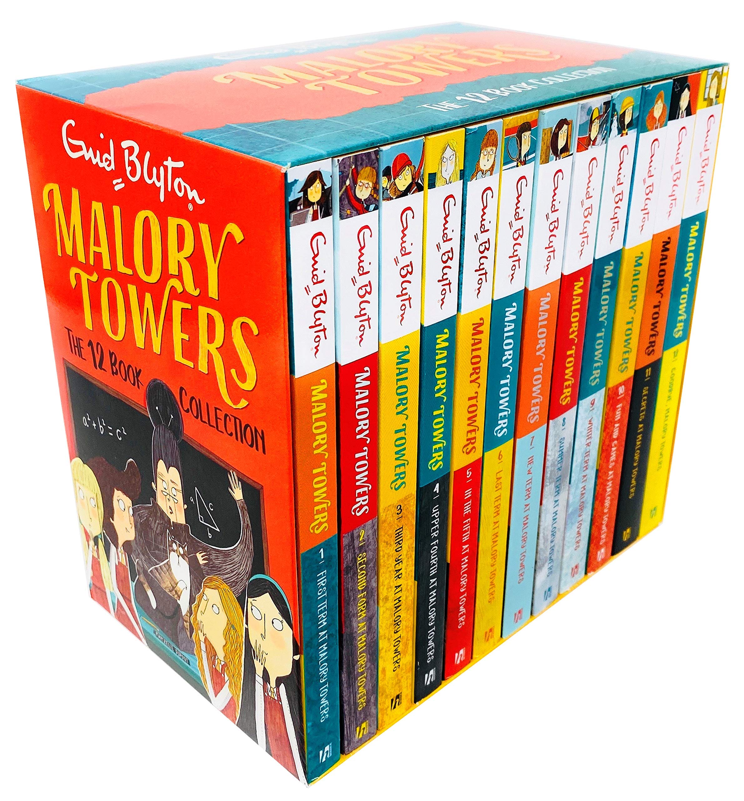 Malory Towers 12 Books Collection by Enid Blyton, showcasing colorful paperback covers of the children's fiction series.