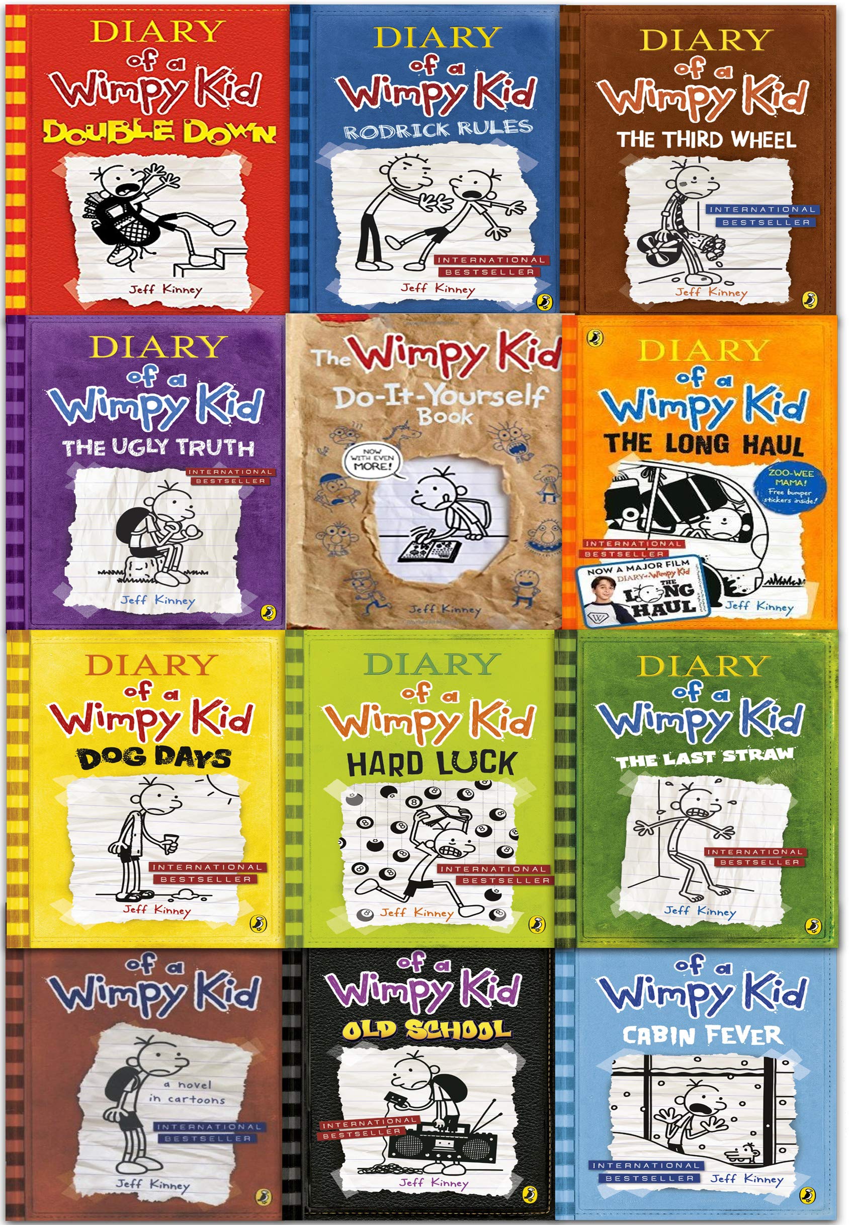 Twelve paperback books from the Diary of a Wimpy Kid series by Jeff Kinney, displayed together on a white background.