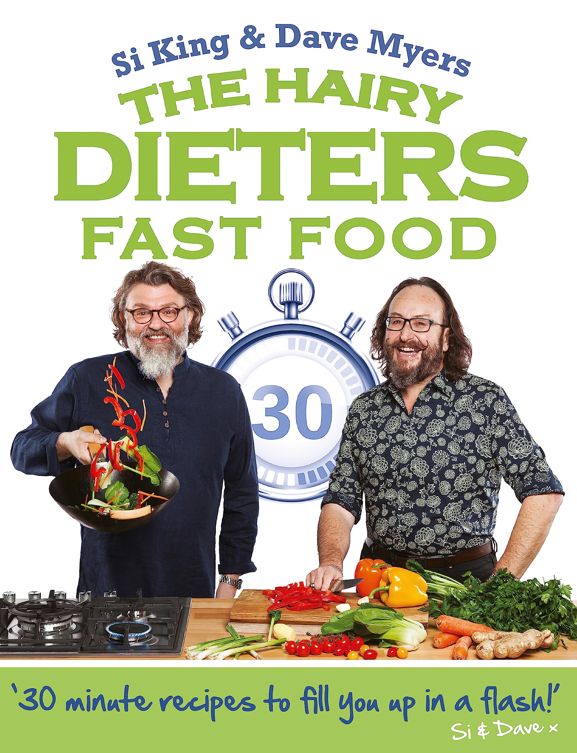 The Hairy Dieters: Fast Food paperback book cover featuring The Hairy Bikers, showcasing delicious healthy recipes.